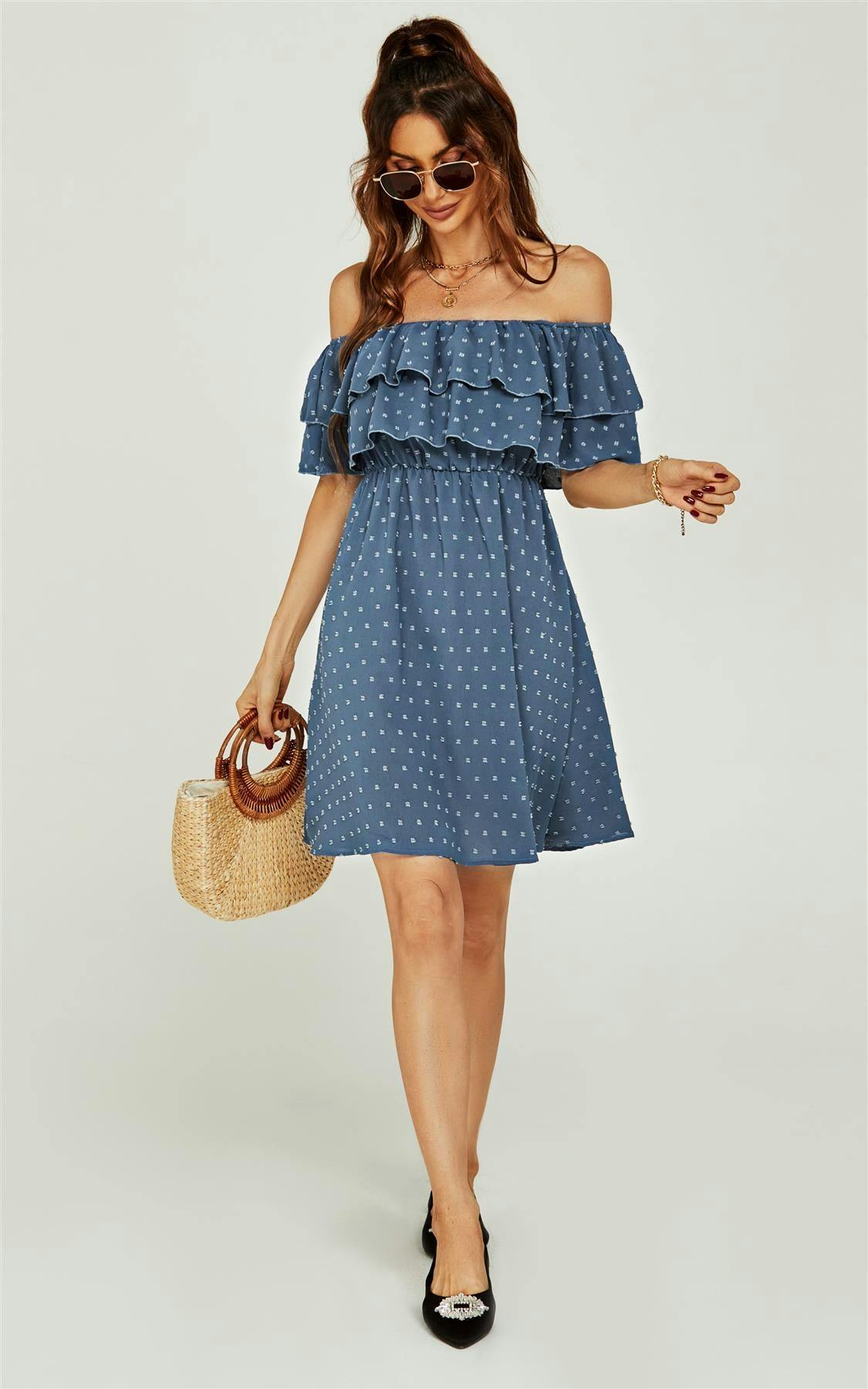Fs Collection Blue Bardot Frill Mini Dress In - Xs