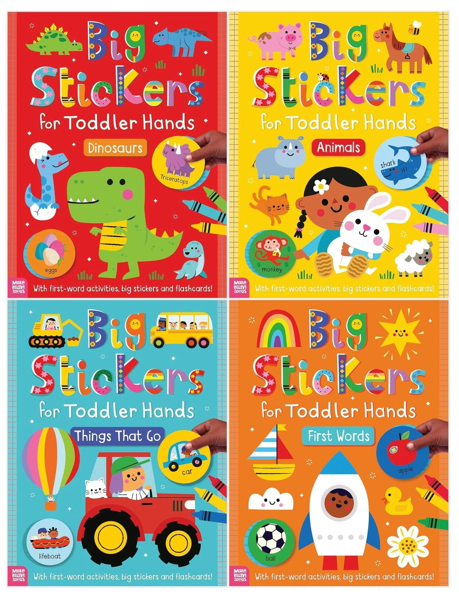 Make Believe Ideas Big Stickers For Toddler Hands (Set Of 4 Activity Books) (Animals, Dinosaurs, First Words, Things That Go)