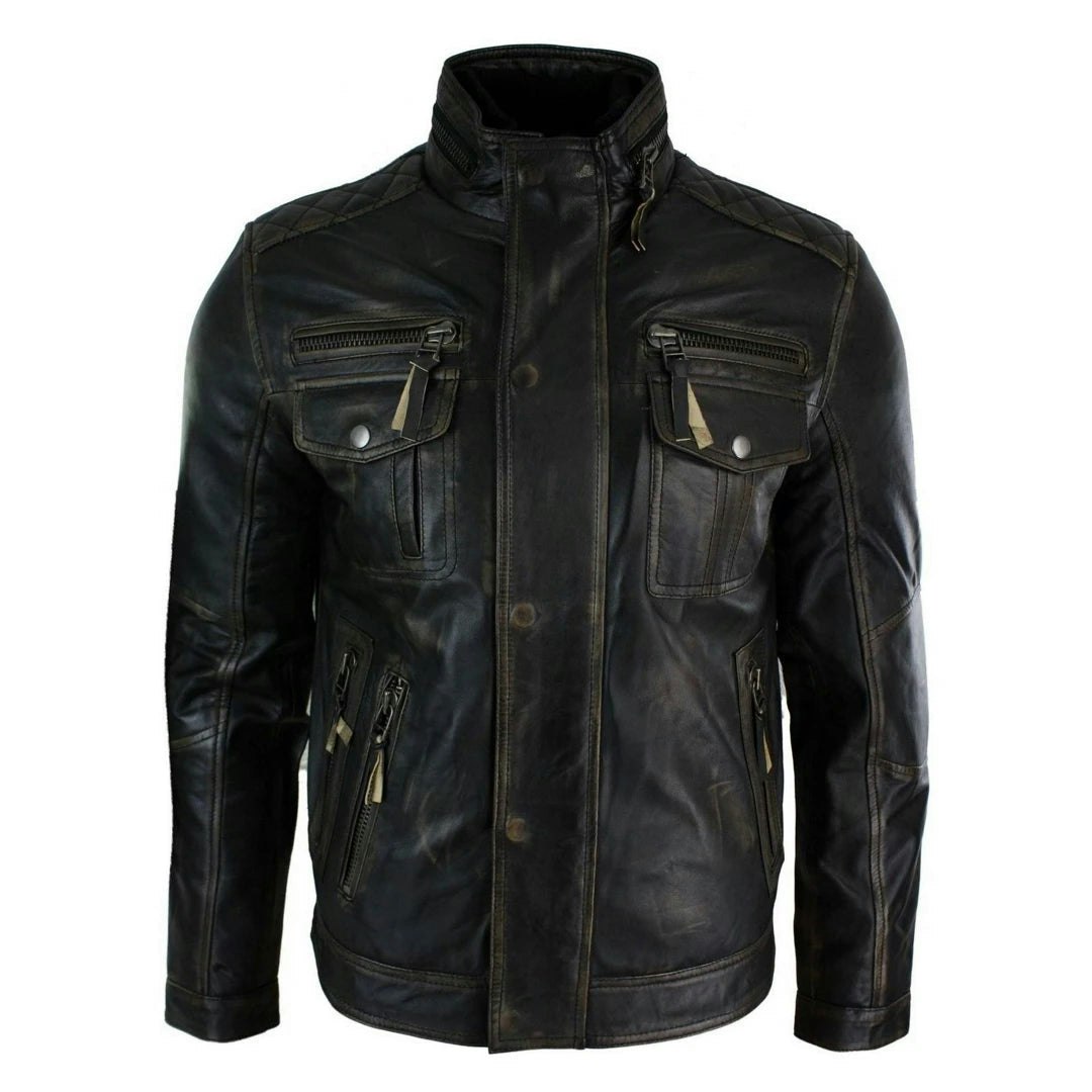 Infinity Leather Men's Black/Brown Distressed Ruboff Military Leather Jacket - Large