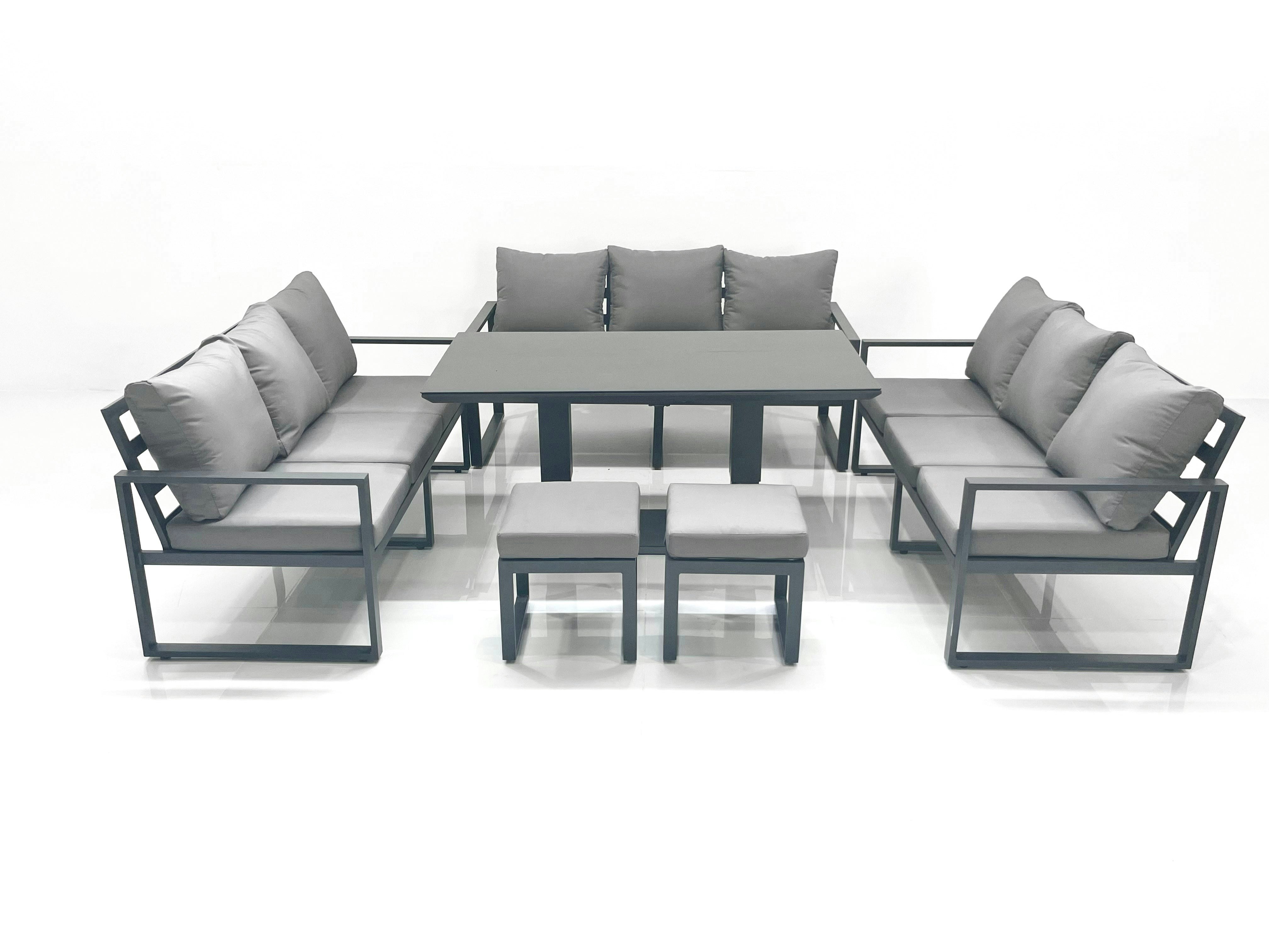 Fimous Dark/Grey 11 Seater Garden Sofa Set Aluminium Furniture Rising Dining Tabe Set Wth 2 Small Footstools