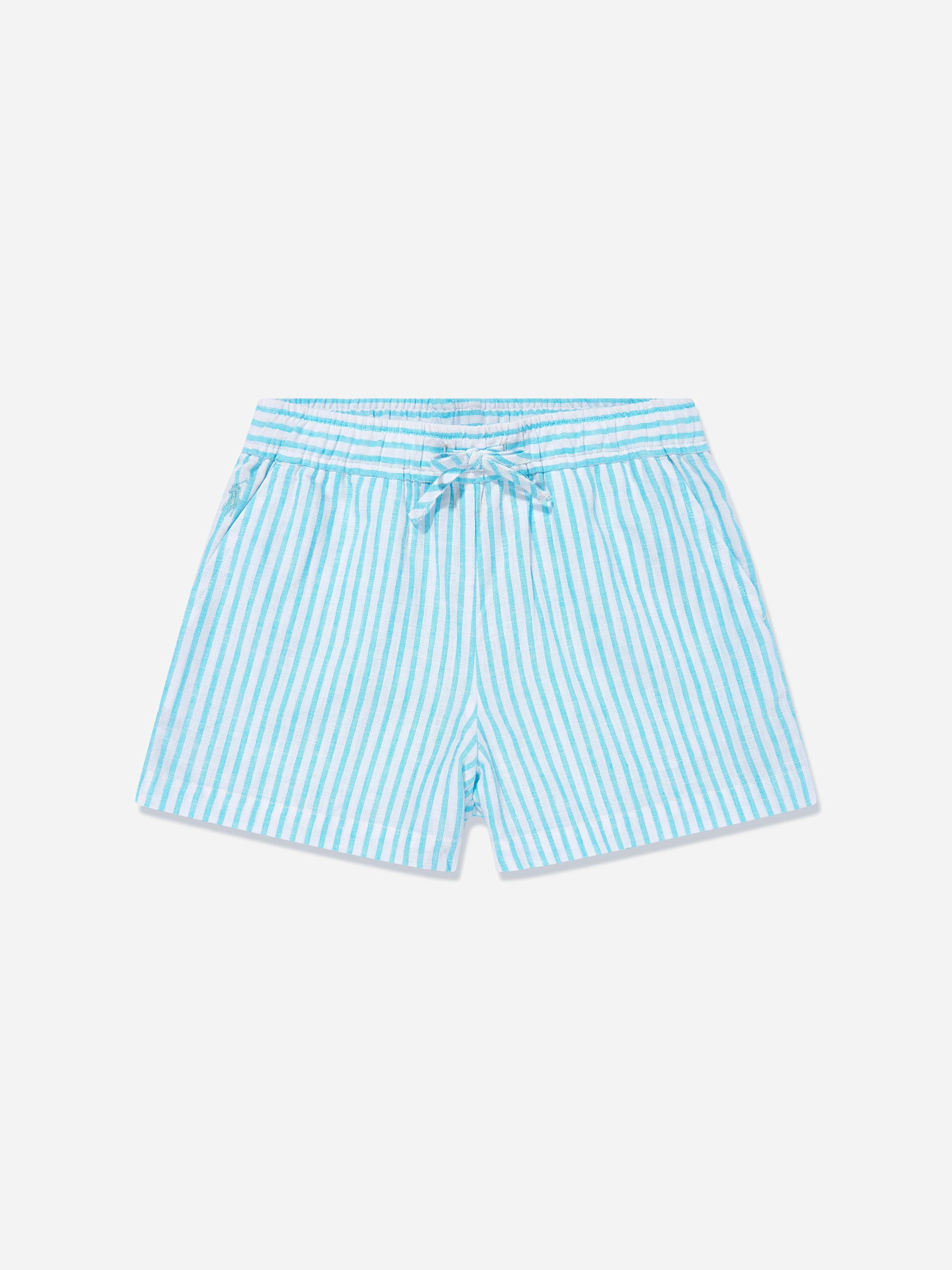Ralph Lauren Kids Girls Blue Ralph Lauren Striped Logo Shorts In - Us 8 - Uk 8 Yrs