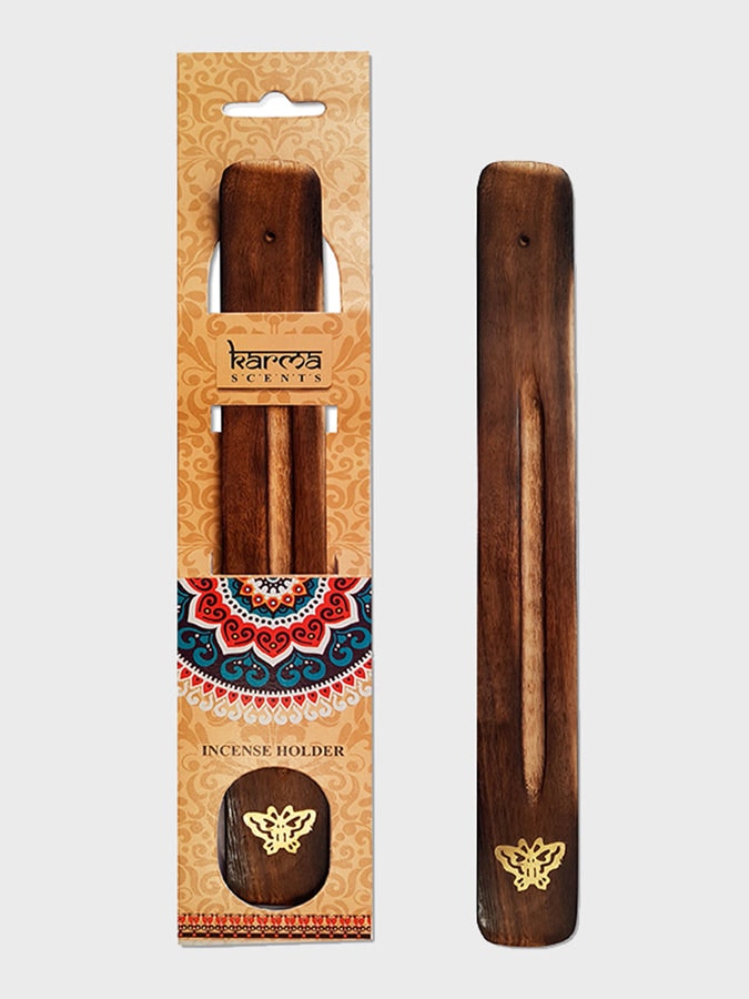 Rackhams Karma Scents Brass Inlay Mango Wood Incense Ash Catcher Holder - Butterfly