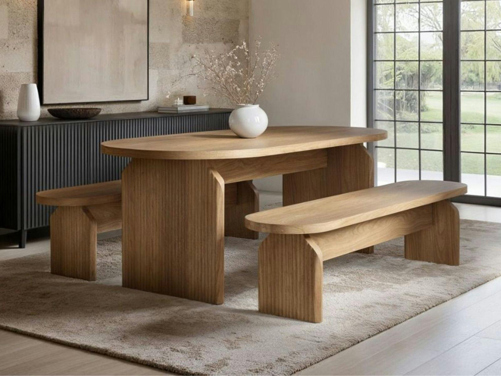 Solace+Co Varm Wooden Ribbed Dining Table With Bench Set Oak, Brown - Image 2
