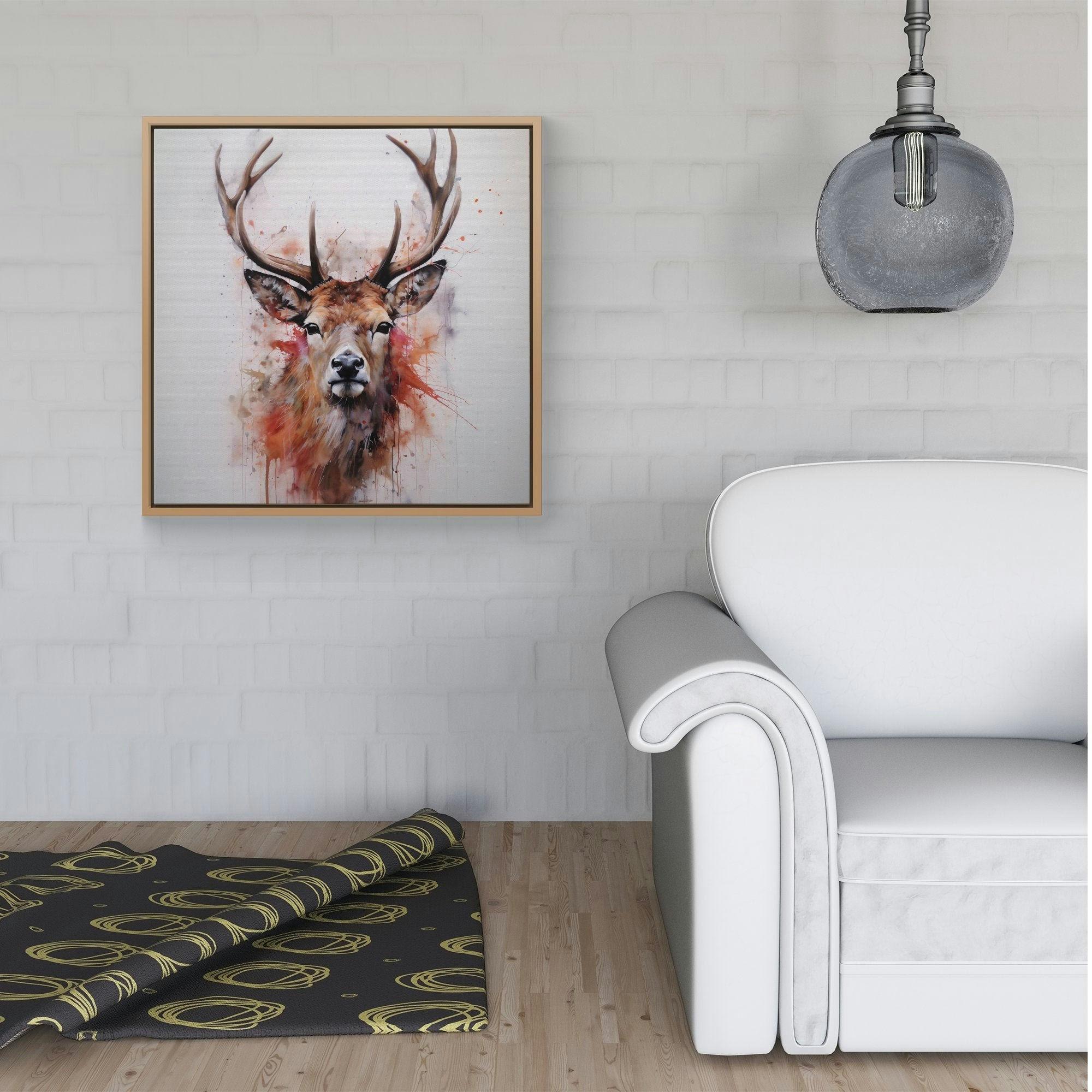 Rackhams Black/White Watercolour Splash Art Stag Face Framed Canvas - 40" X 40" - Pine