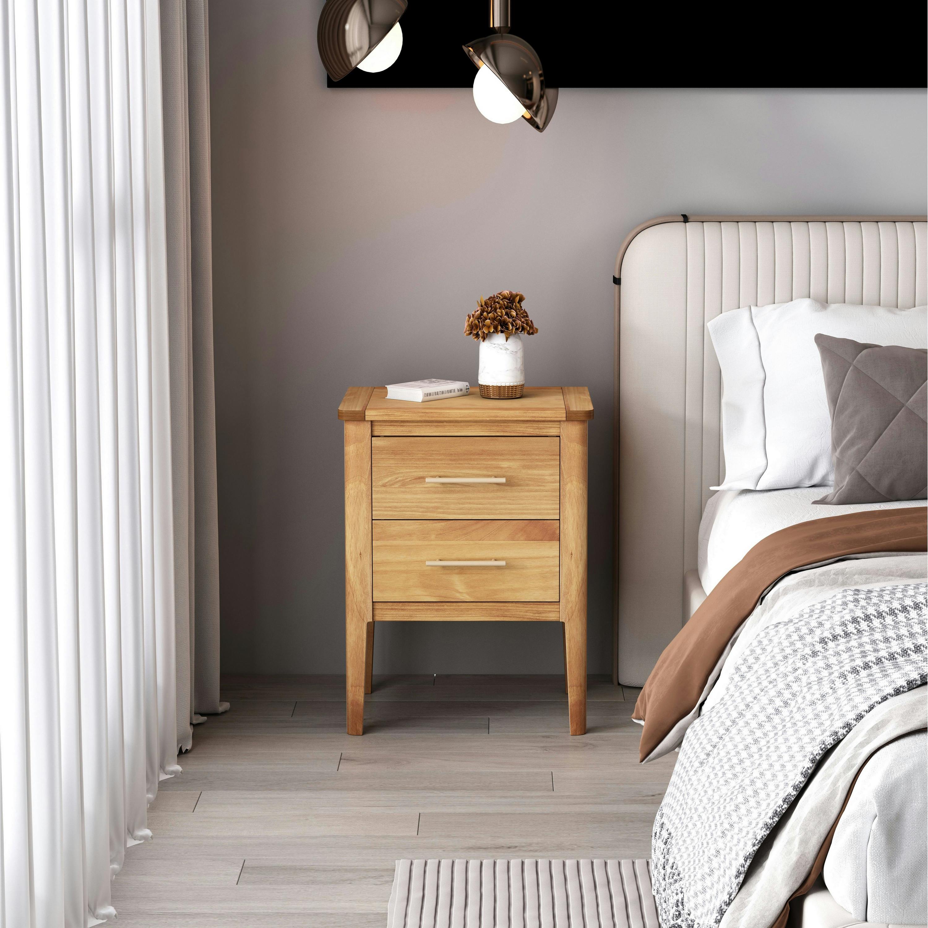 Carbini 2 Drawer Bedside Table - Pine Wood & Veneers - Brown - Metal/Gold Hardware - Image 2