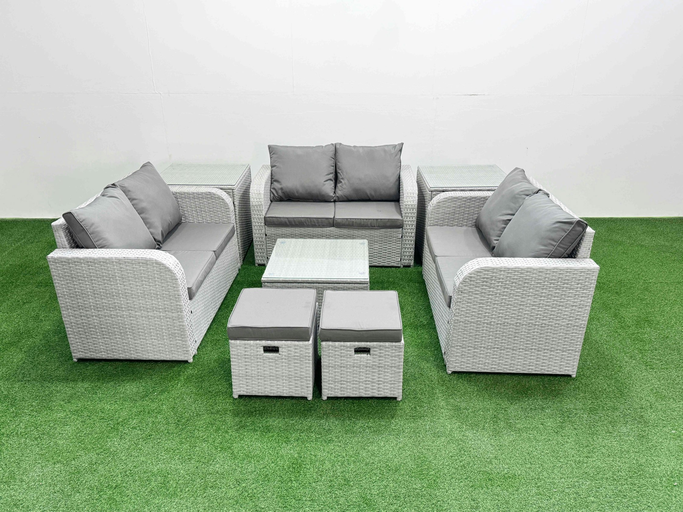 Rackhams Light/Grey 8 Seater Pe Wicker Rattan Furniture Sofa Sets With Square Coffee Table 2 Seater Love Sofa 2 Stool 2 Side Table