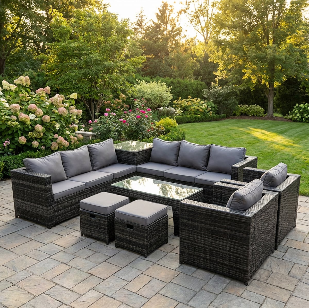 Fimous Dark/Grey 10 Seater Rattan Corner Sofa Set With Side Table, Rectangular Coffee Table, 2 Arm Chairs, 2 Footstools
