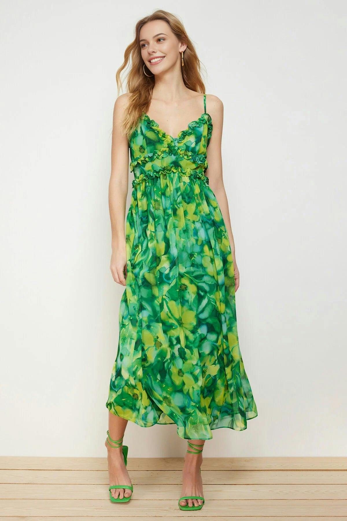 Wovcor Floral Patterned A-Line Lined Maxi Woven Dress With Ruffle Detail - Multi - 6