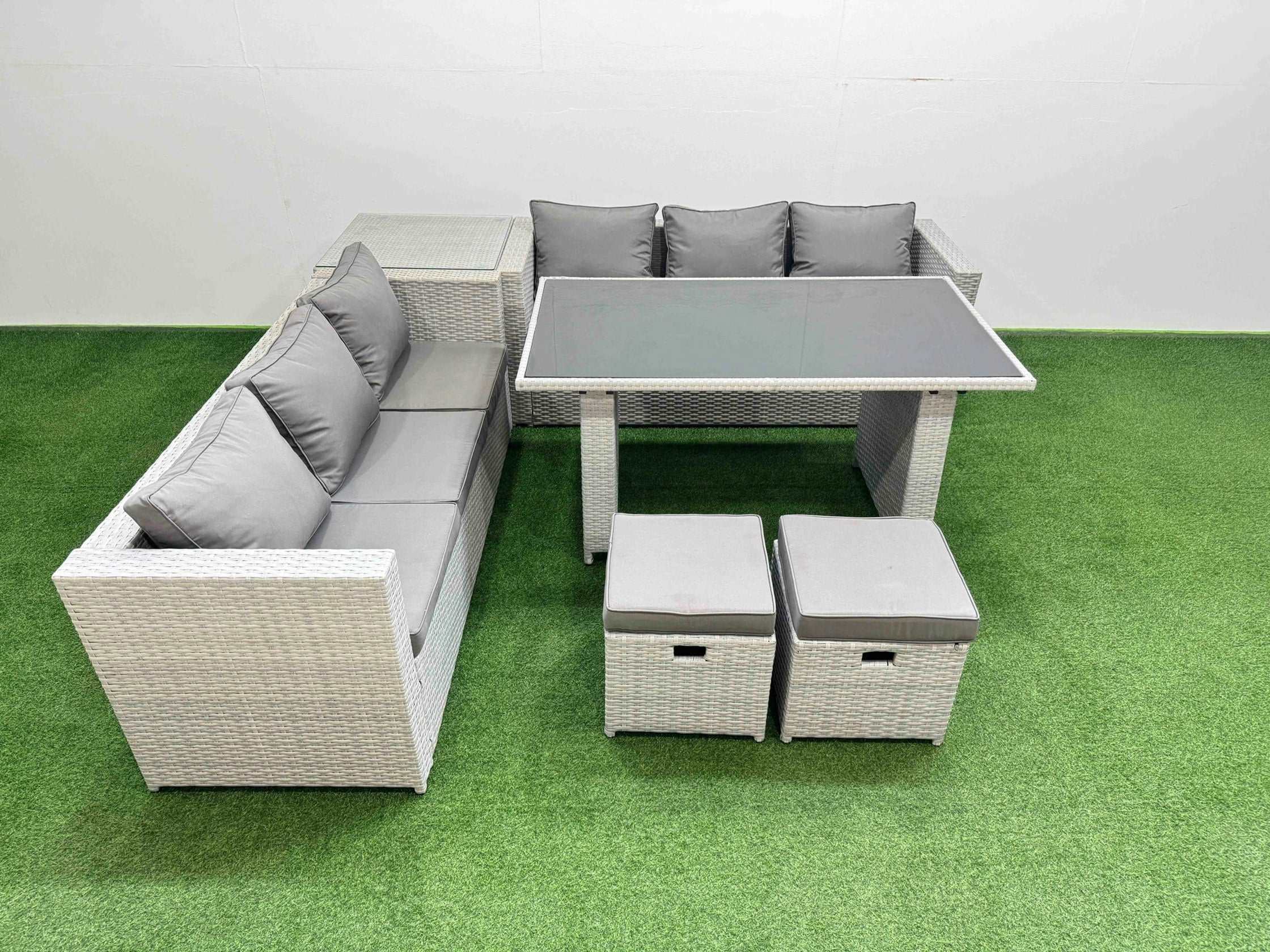 Fimous Light/Grey Rattan Garden Furniture Dining Set 8 Seater Patio Rectangular Table Sofa Set With Side Table 2 Small Stools