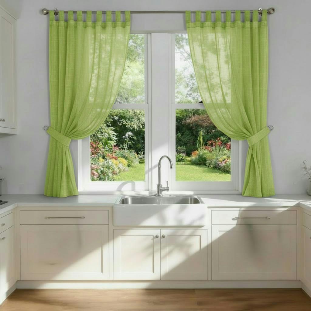 Rackhams Light Voile Tab Top Curtain Pair With Crystal Tie Backs Sheer Window Panels - Lime - 150Cm Width X 122Cm Drop