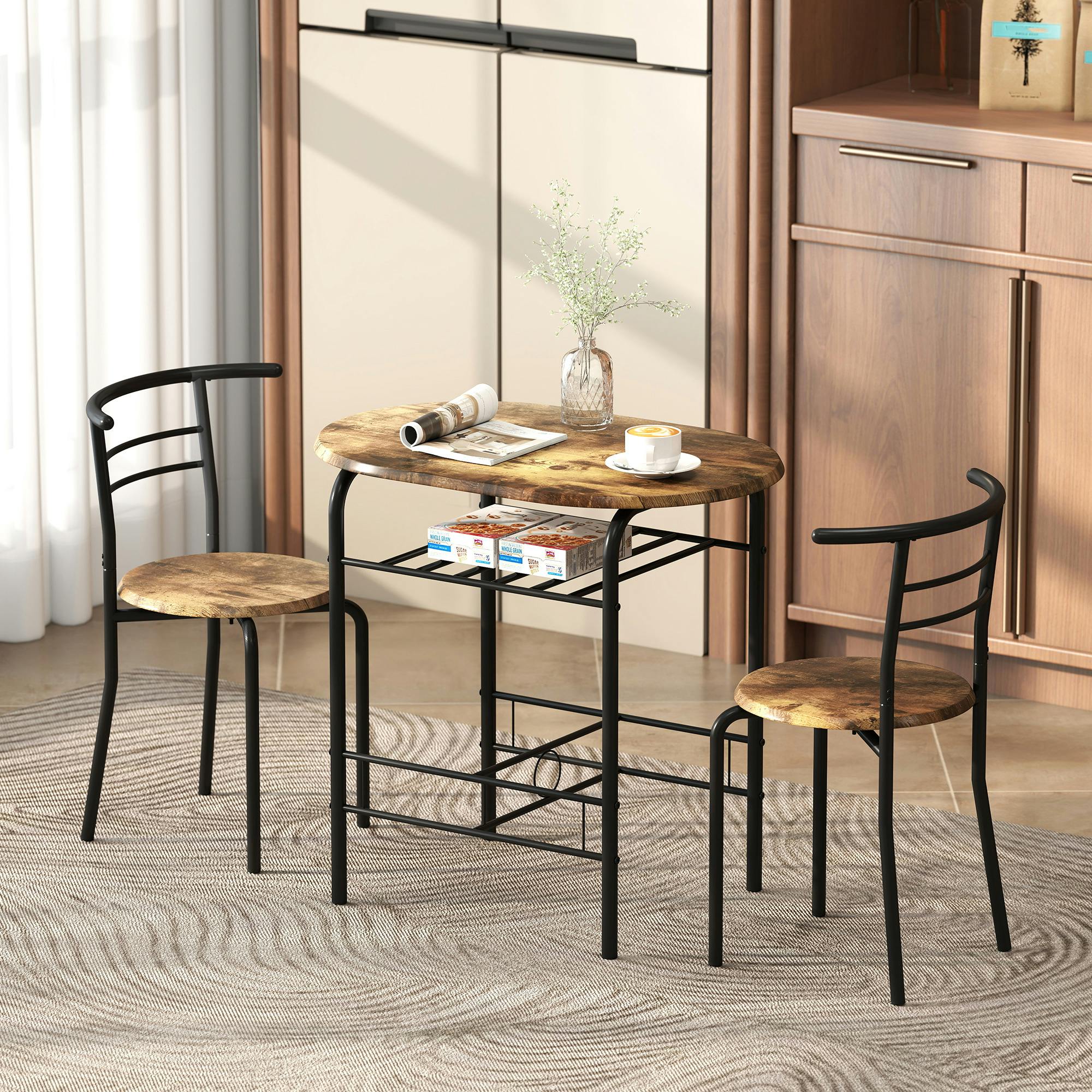 Homcom Black/Brown Breakfast Bar Table And Stools Set, Dining Room Set With Shelf, - Rustic