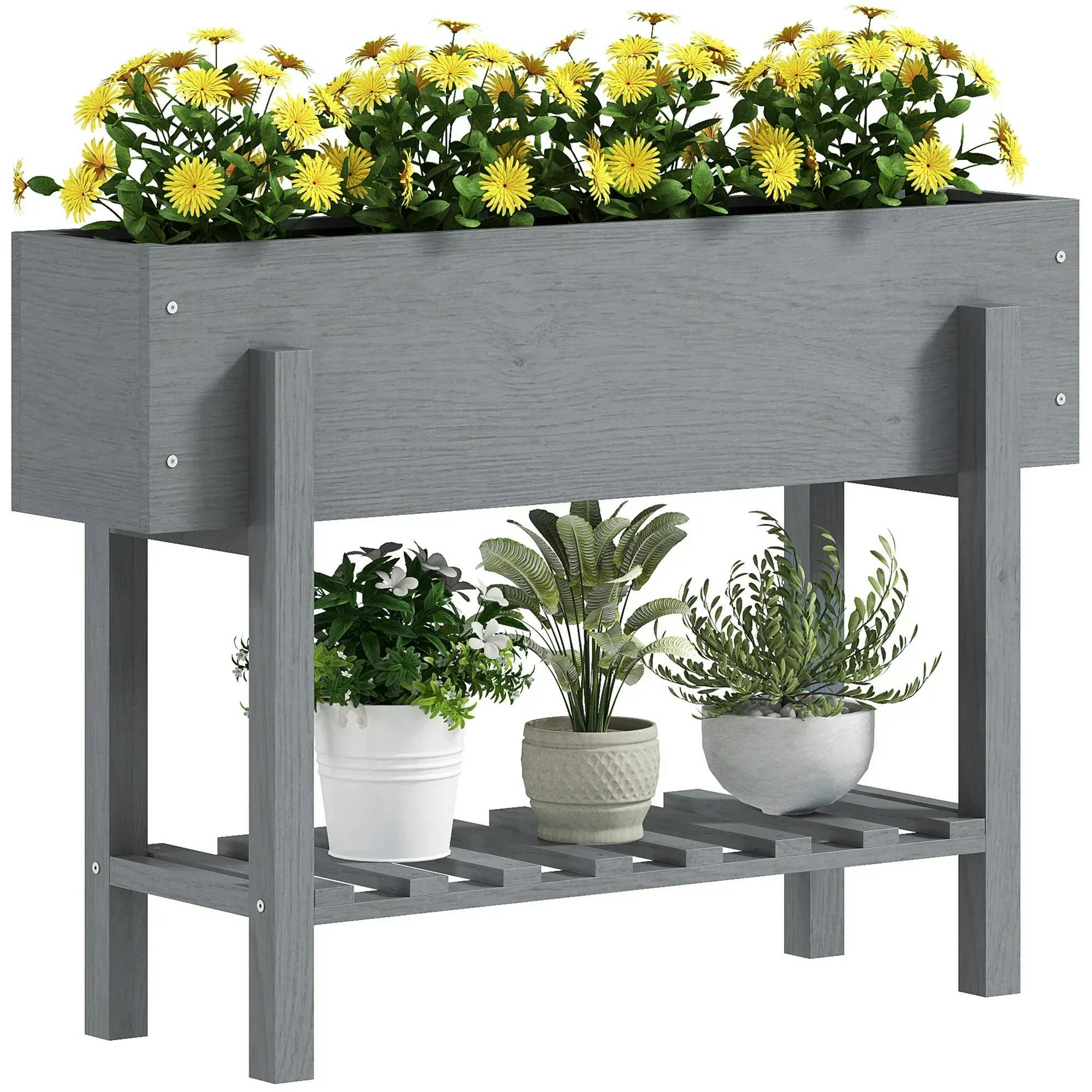 Outsunny Unisex Grey Wooden Raised Bed W/ Bed Liner, Drainage Holes, Storage Shelf, - Image 7