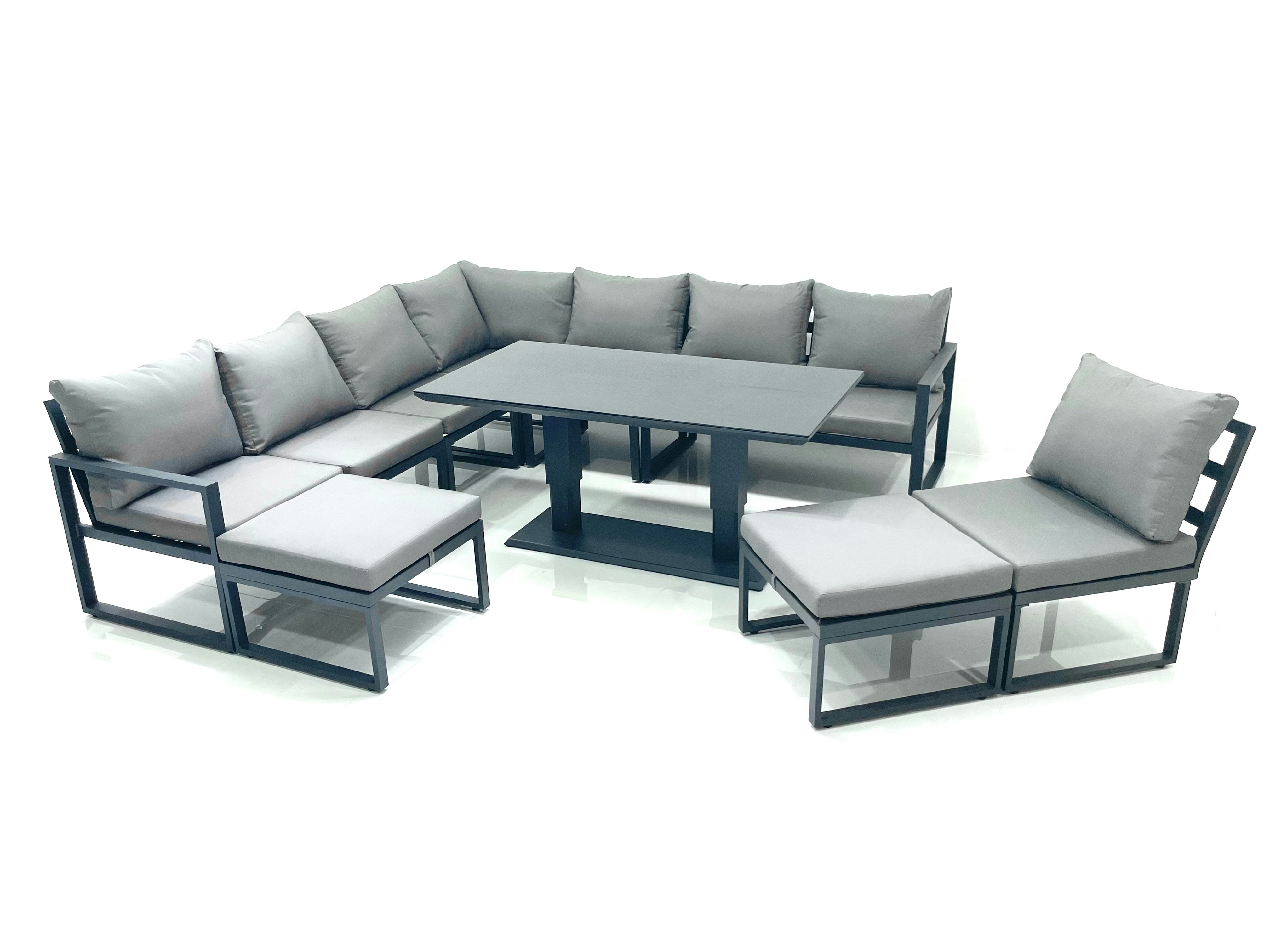 Fimous Dark/Grey 10 Seater Outdoor Aluminum Garden Furniture Set Corner Sofa 2 Big Footstools Rising Lifting Dining Table Sets