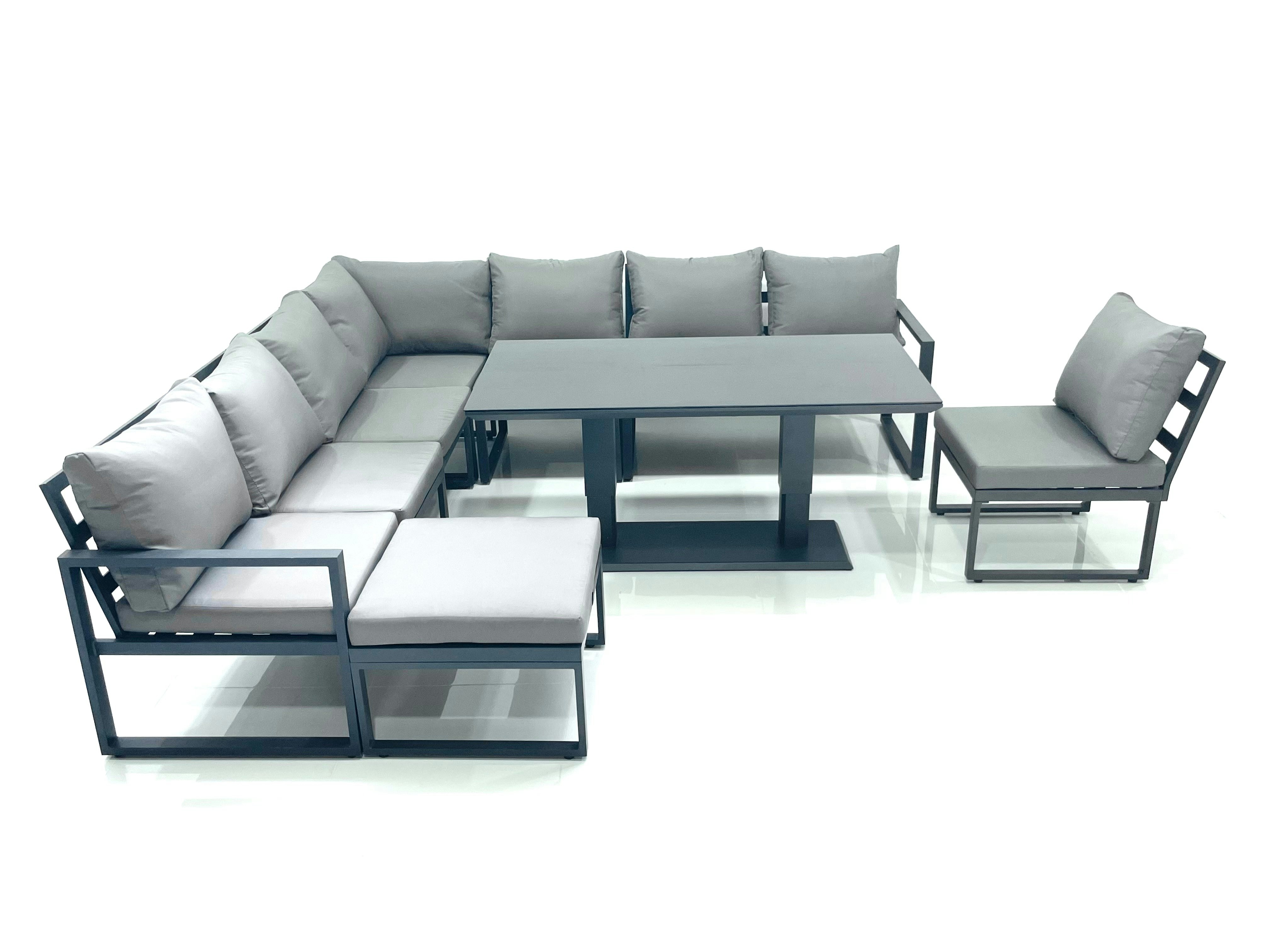 Rackhams Dark/Grey 9 Seater Outdoor Aluminum Garden Furniture Set Corner Sofa Big Footstool Rising Lifting Dining Table Sets