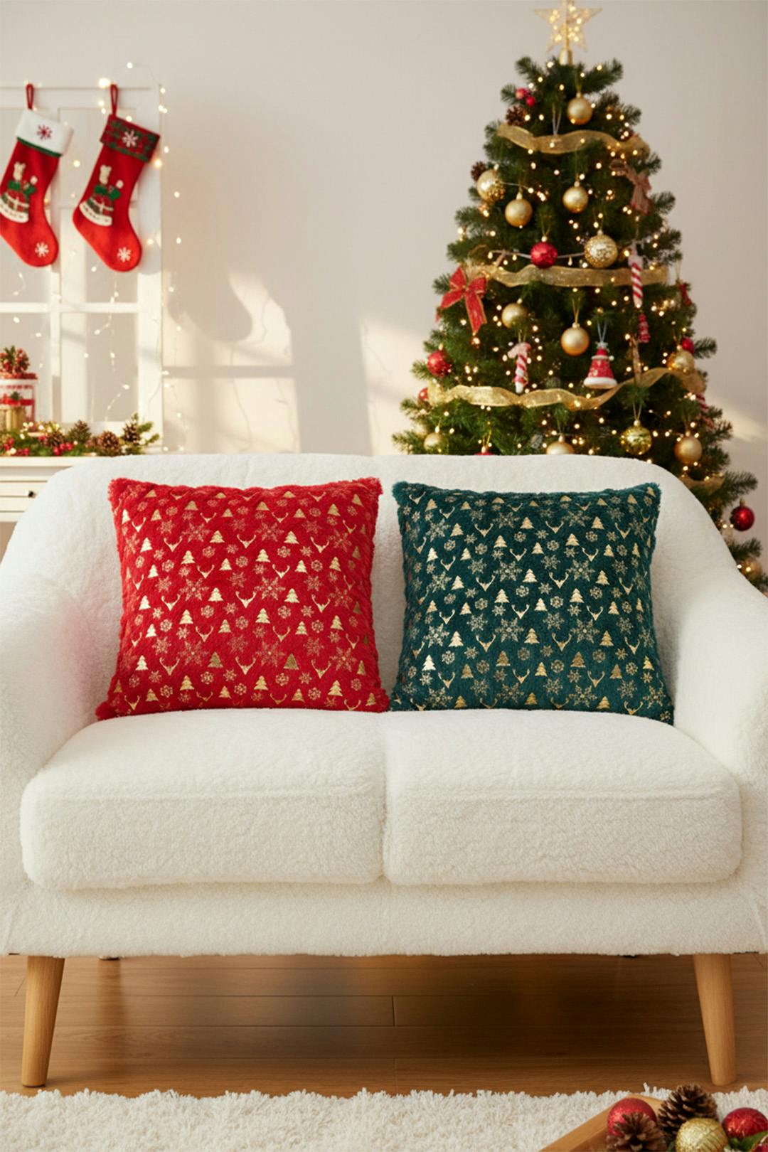 Living And Home Red/Green Christmas Themed Plush Throw Pillows - & - Snowflakes
