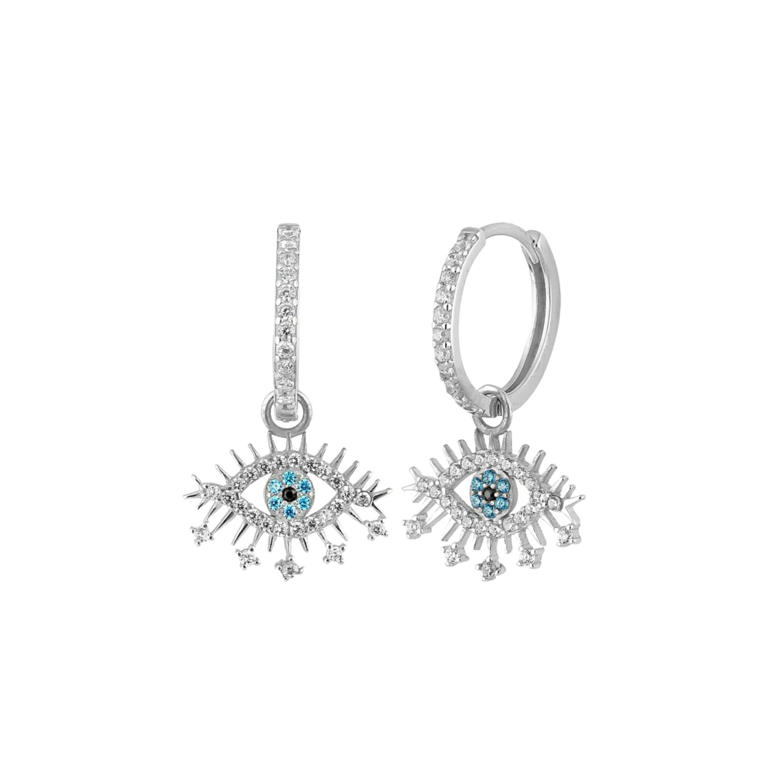 Spero London Blue/Silver Evil Eye Earring Eye Eyelash Pave Sterling Earrings