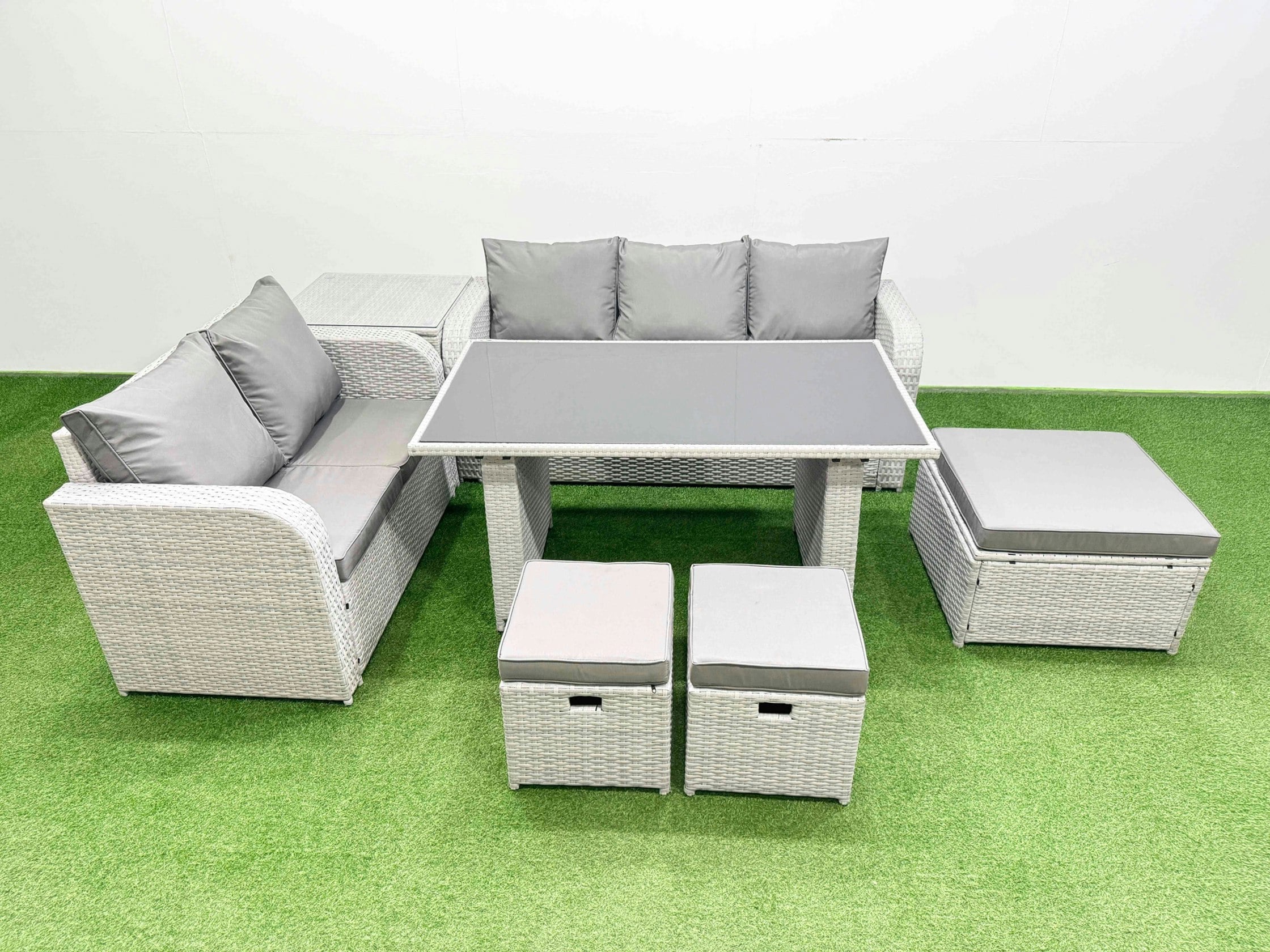 Fimous Light/Grey Garden Furniture Set Pe Ratten Garden Sofa Set With Rectangular Dining Table 3 Stool Side Table
