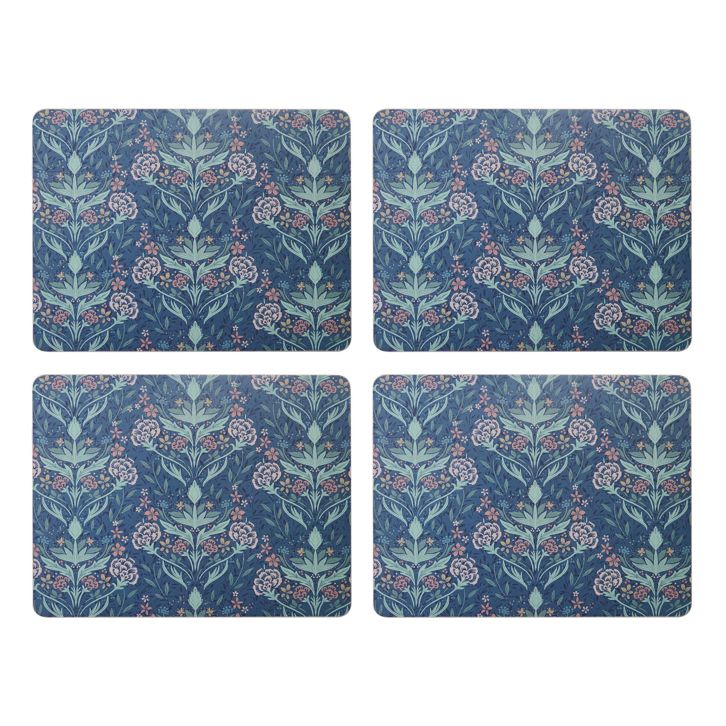 Rackhams Blue Set Of 4 'Arts And Craft' Floral Placemats, Cork Backed 30 X 22Cm - Cork - Placemats And Coasters