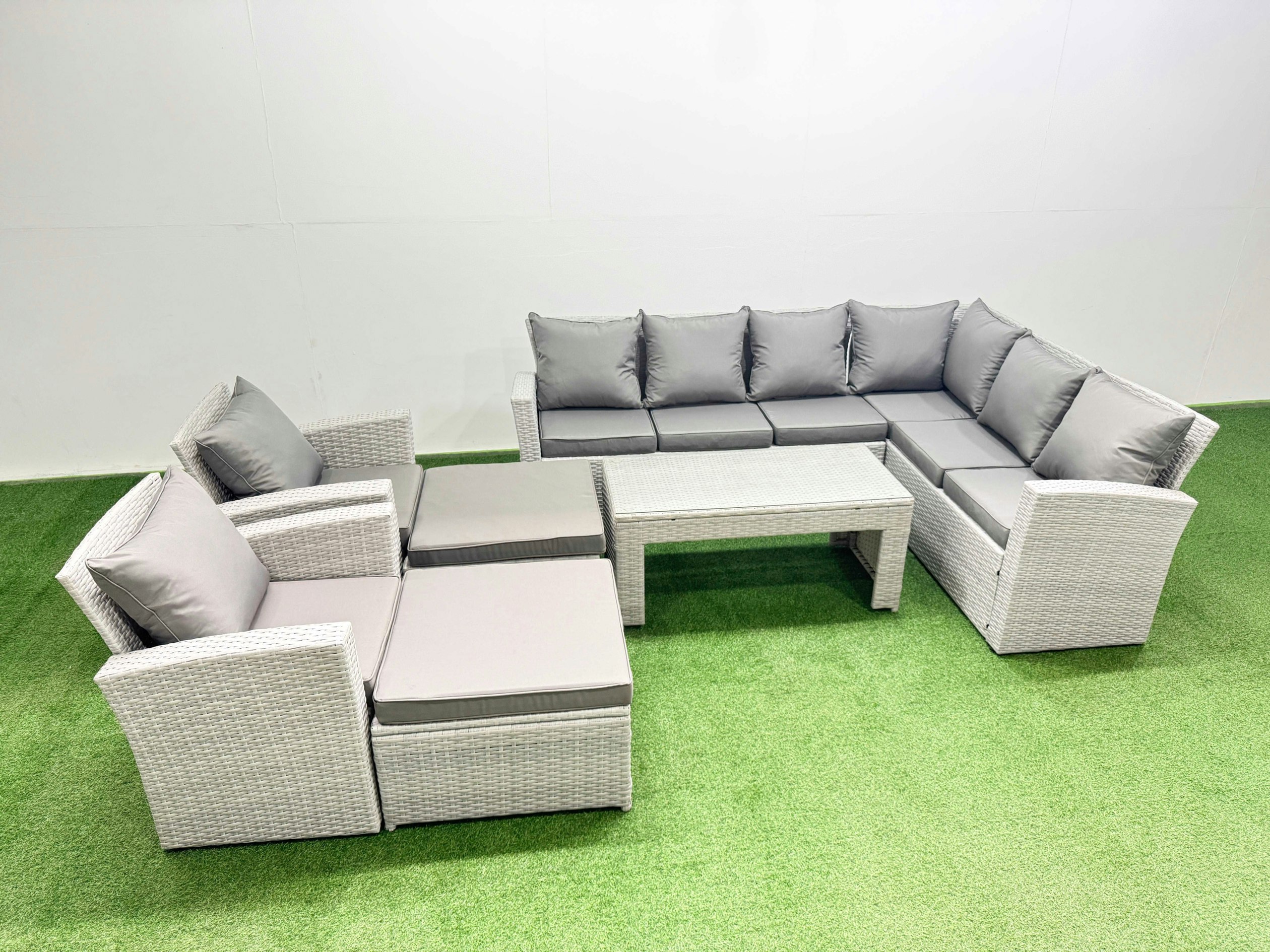 Fimous Light/Grey Rattan Garden Furniture Set 7 Pieces Outdoor Garden Sofa Oblong Coffee Table Set With 2 Chairs Mixed