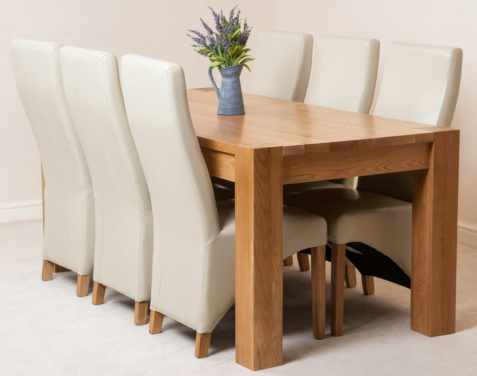 That's Furniture Ivory Kuba Large Oak Dining Table With Lola Leather Chairs - 6 Chairs