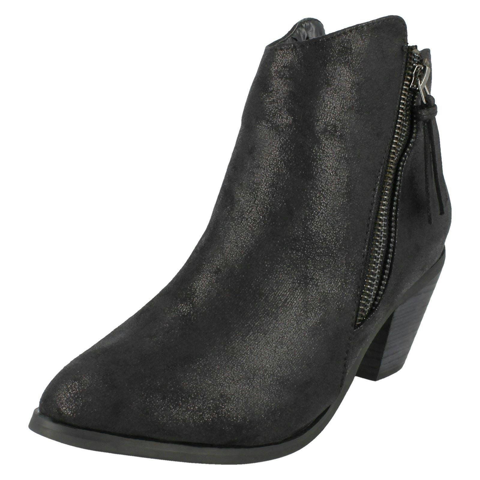 Spot On Women's Black Cowboy Style Ankle Boots With Zip Detail - Distressed - Uk 4