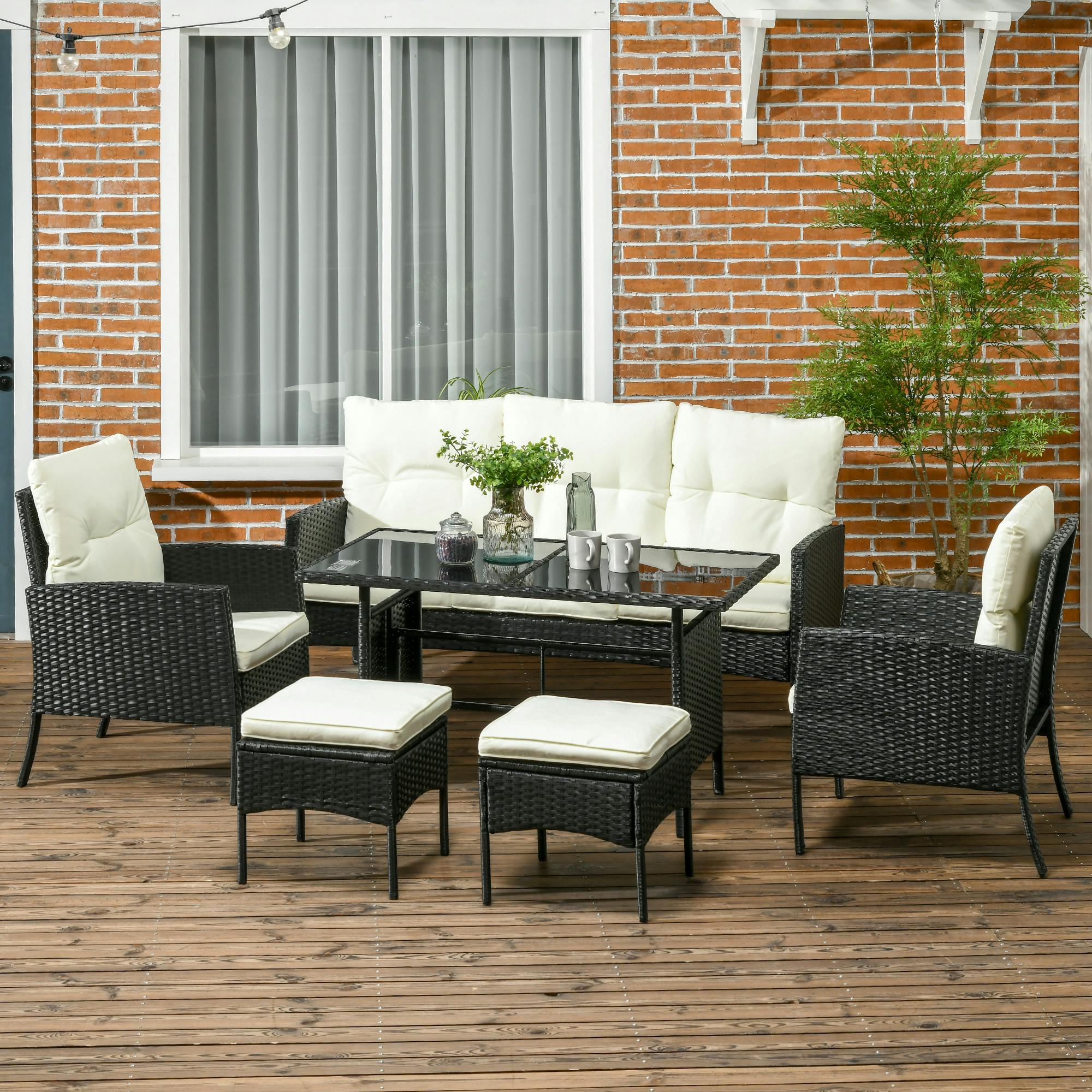 6 Piece Rattan Garden Furniture Set Patio Sofa Chairs Footstools Table White - Image 4