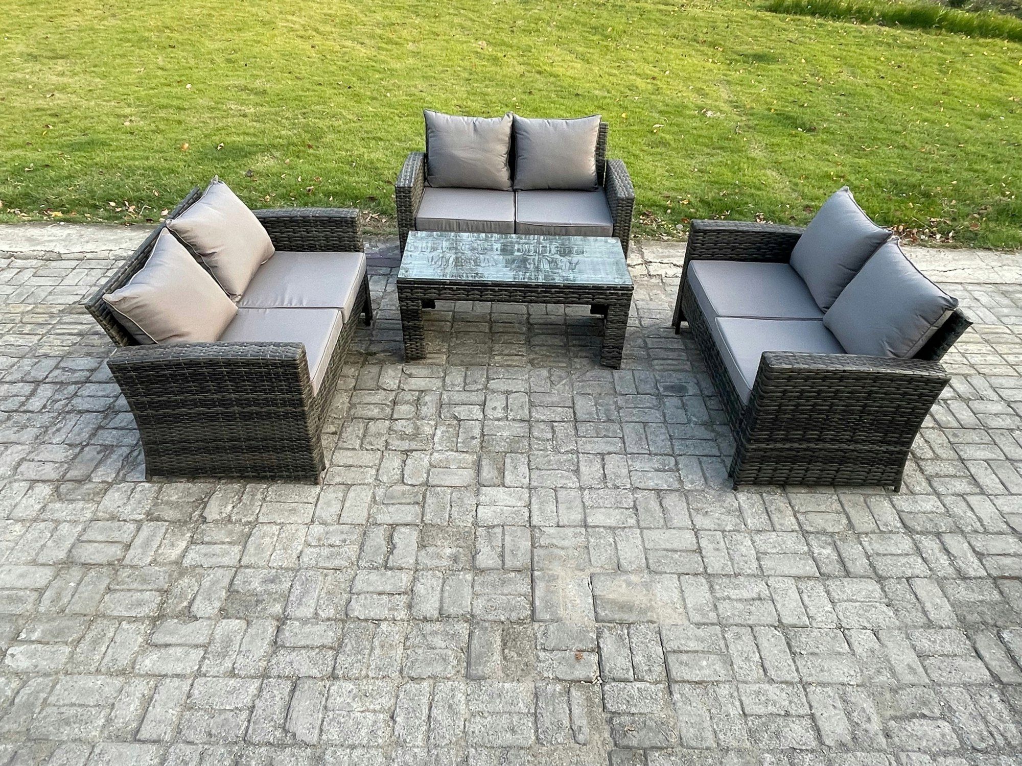 Fimous Dark/Grey 6 Seater Rattan Wicker Garden Furniture Patio Conservatory Sofa Set With Coffee Table Double Seater Sofa