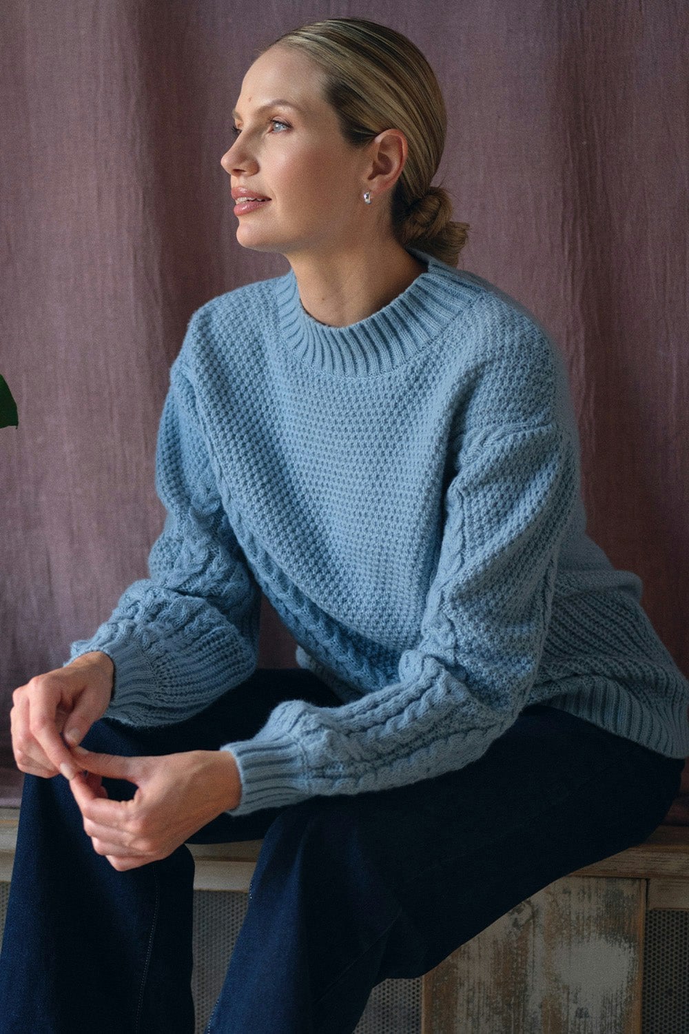 Izabel London Blue Chevron Texture Knit High Neck Jumper - L/Xl