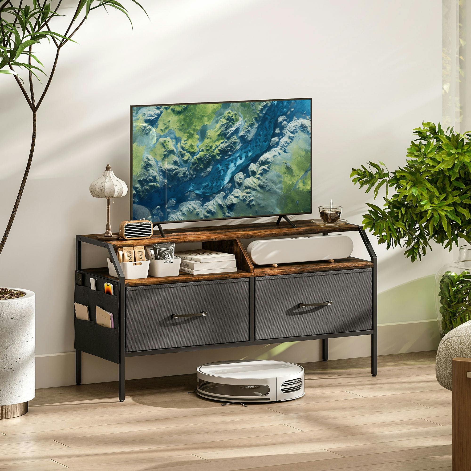 Rackhams Brown Tv Stand Cabinet With 2 Foldable Drawers, Rustic - Rustic