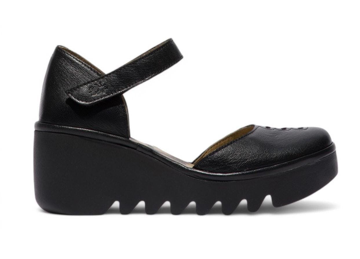 Fly London Women's Black Biso305fly Mousse Leather Wedge Sandals - Uk 7 | Eu 40 | Us 9