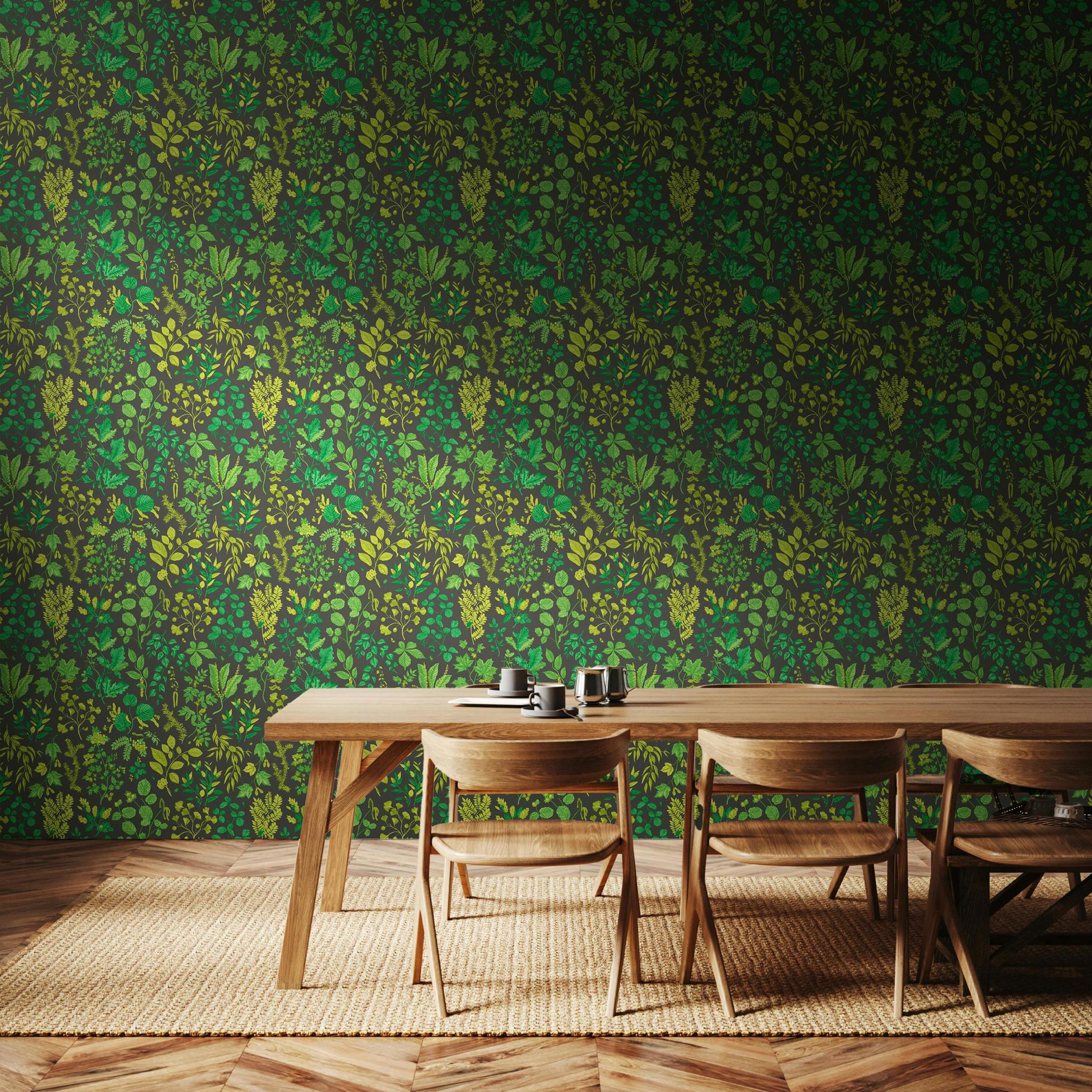 Rackhams Botanical Leaves - Charcoal & Emerald 10M Wallpaper