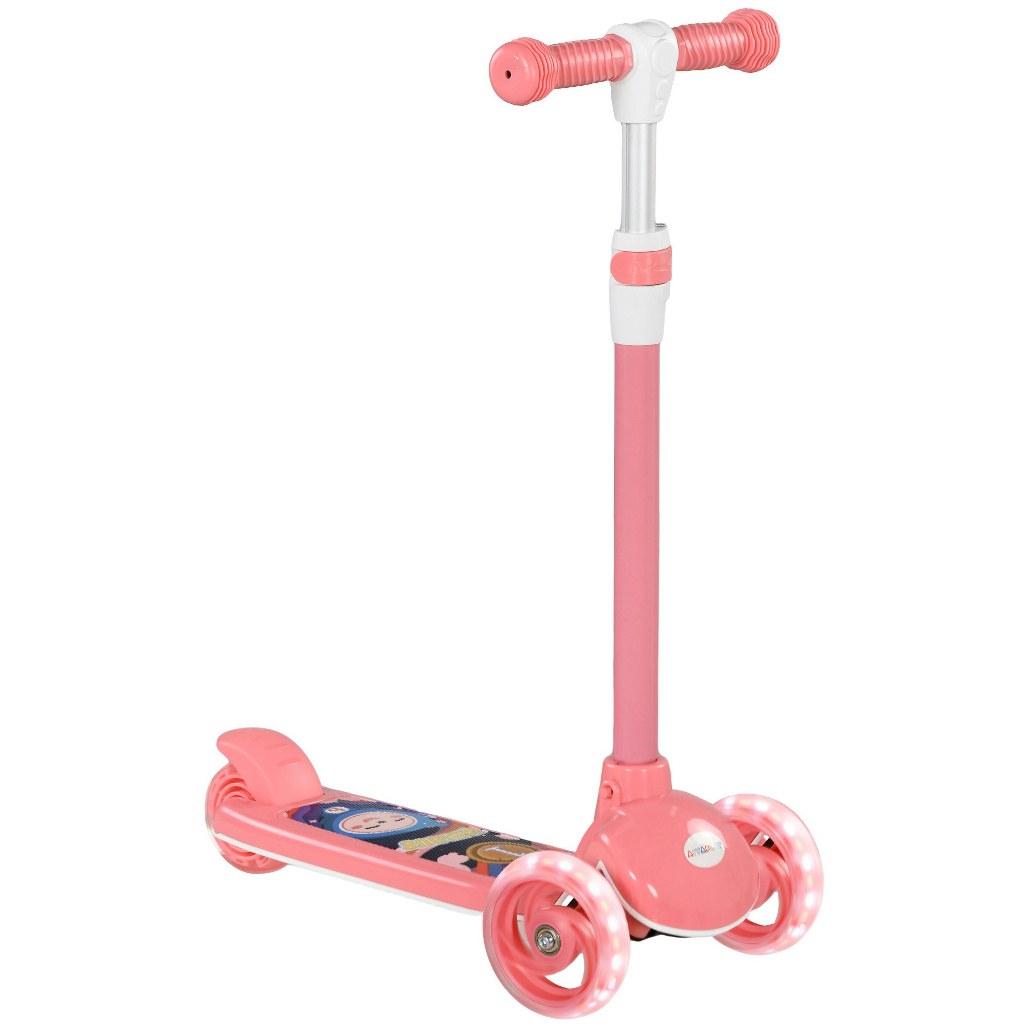 Homcom Boys Light/Pink Aiyaplay Kids Scooter, Wheel Scooter For Toddlers Ages 2 To 6, With 3-Level Adjustable Height, Led Tpe Handlebar, Kick Scooter - Kids Scooter Size 3