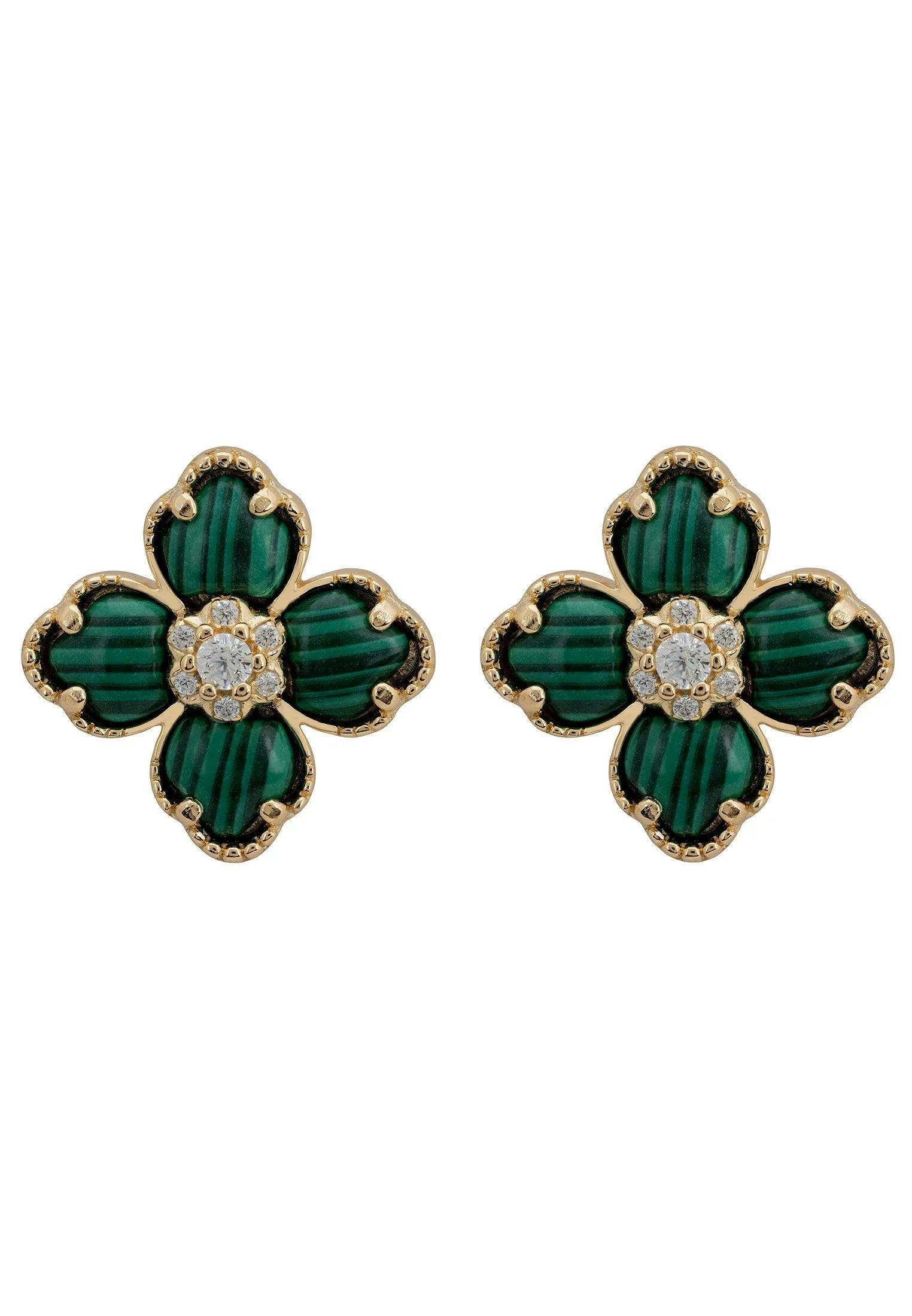 Latelita Gold Flower Clover Malachite Stud Earrings