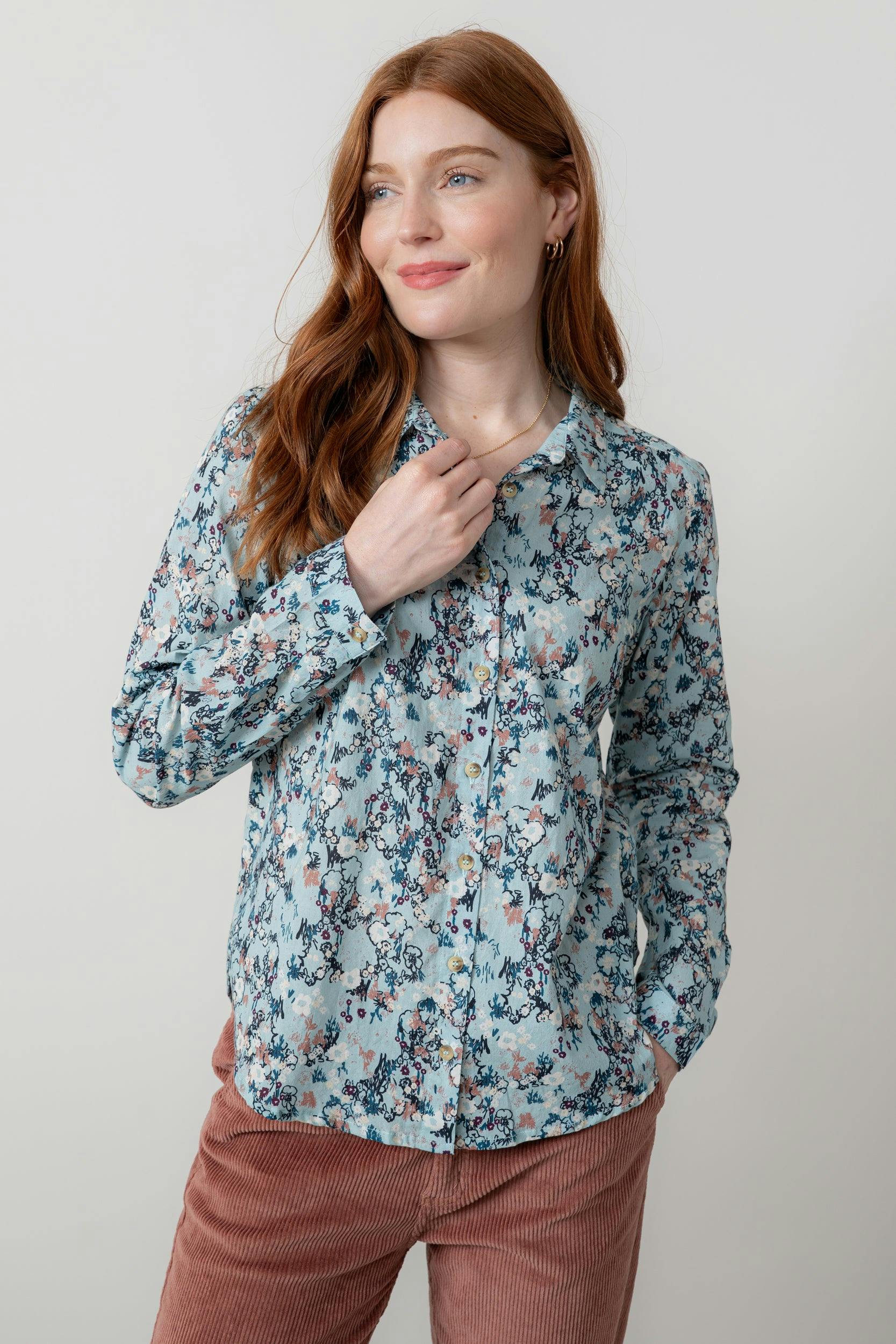 Lily & Me Blue Patsy Organic Cotton Ditsy Shirt Ice - 20 - Ice