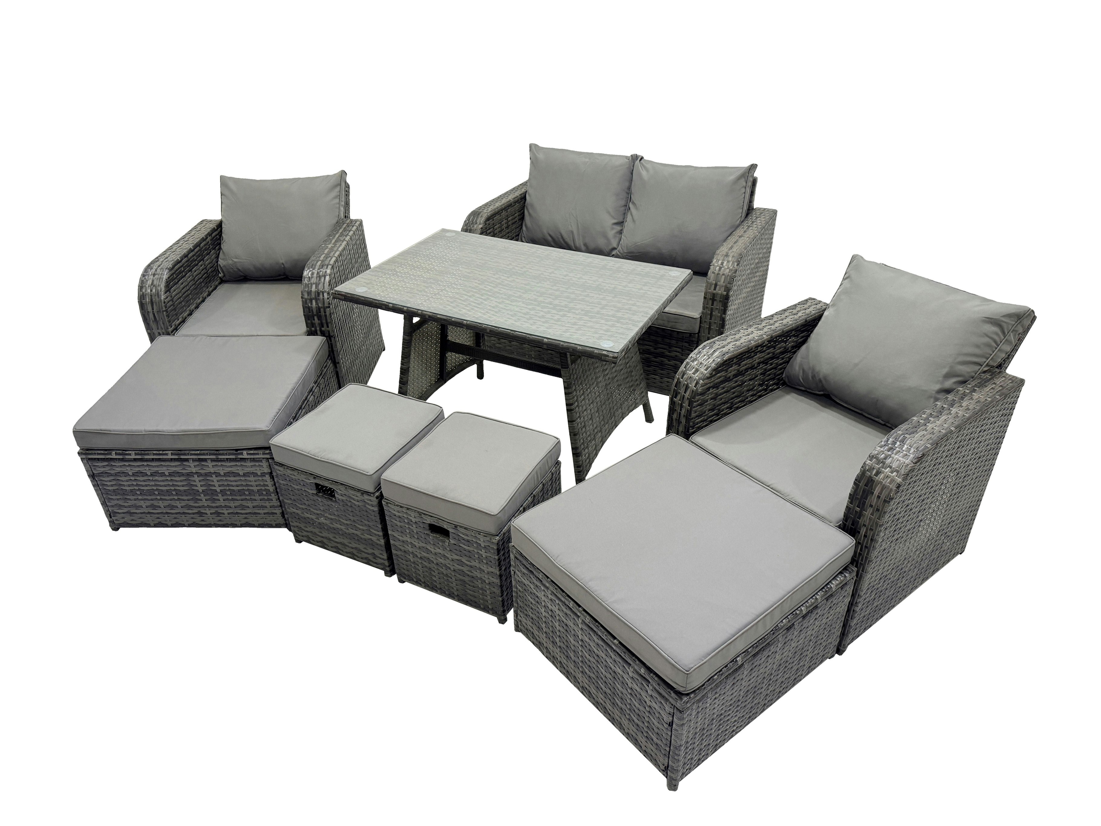Fimous Dark/Grey 8 Seater Garden Outdoor Rattan Furniture Set Rattan Sofa Oblong Dining Table With 2 Big Stools