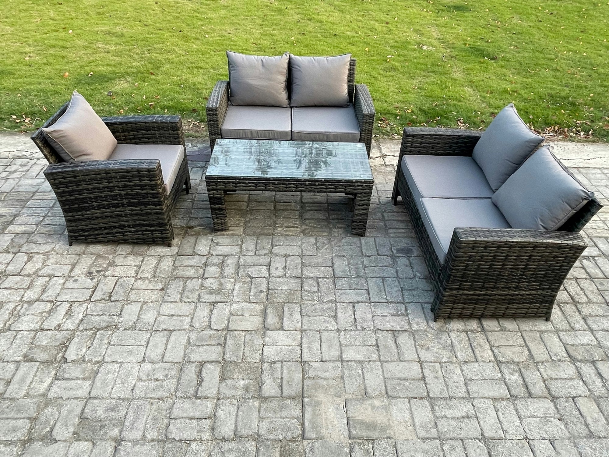 Fimous Dark/Grey 4Pcs Rattan Outdoor Garden Furniture Sofa Set Table & Chairs Mixed