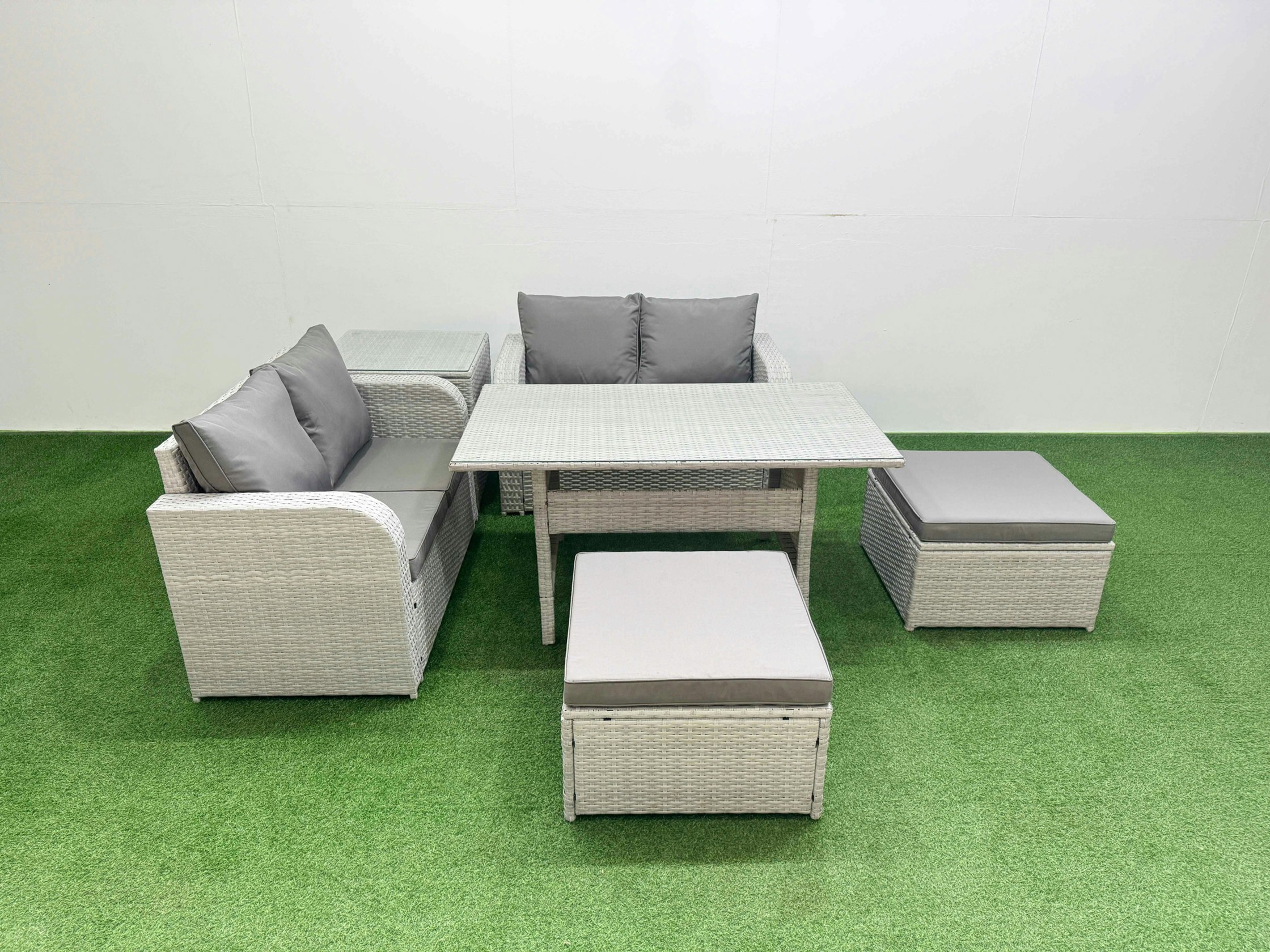 Fimous Light/Grey 6 Seater Outdoor Love Sofa Set Rattan Garden Furniture Set With Rectangular Dining Table 2 Footstool Side Table