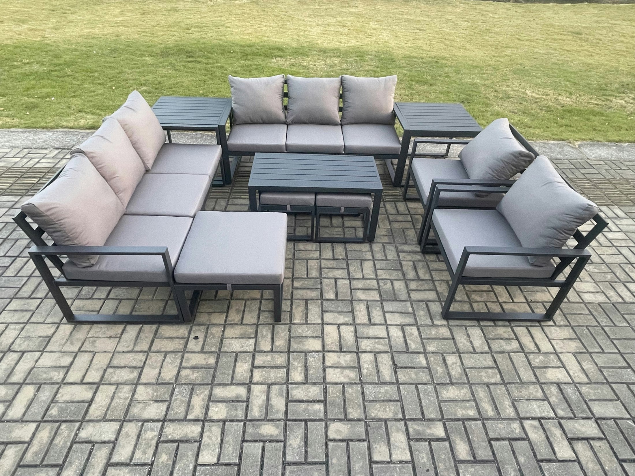 Rackhams Dark/Grey Aluminium Outdoor Garden Furniture Lounge Sofa 2 Pc Chairs Oblong Coffee Table Sets With 2 Side Tables 3 Footstools