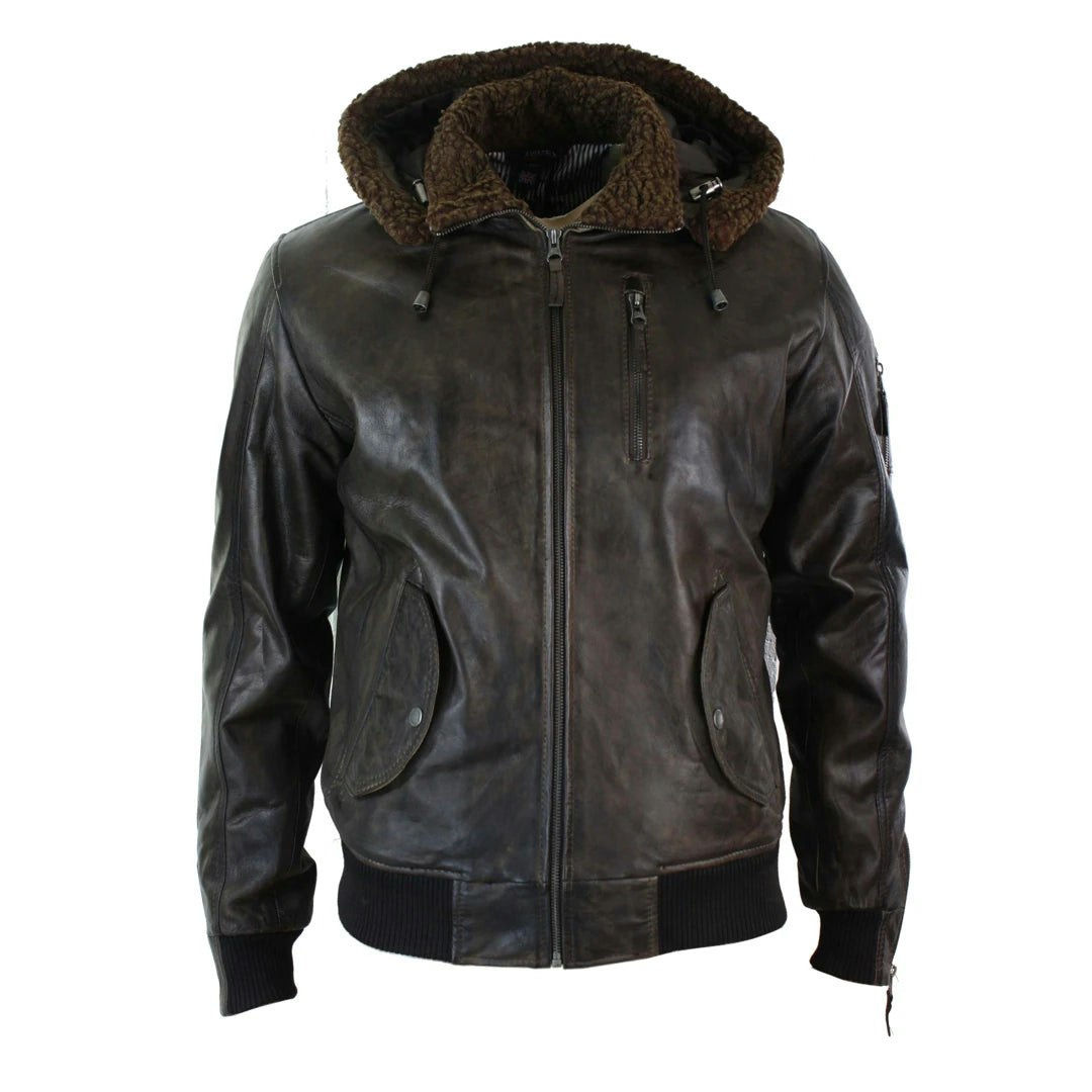 Aviatrix Men's Brown Leather Hood Fur Jacket Bomber Aviator Tan - 3XL