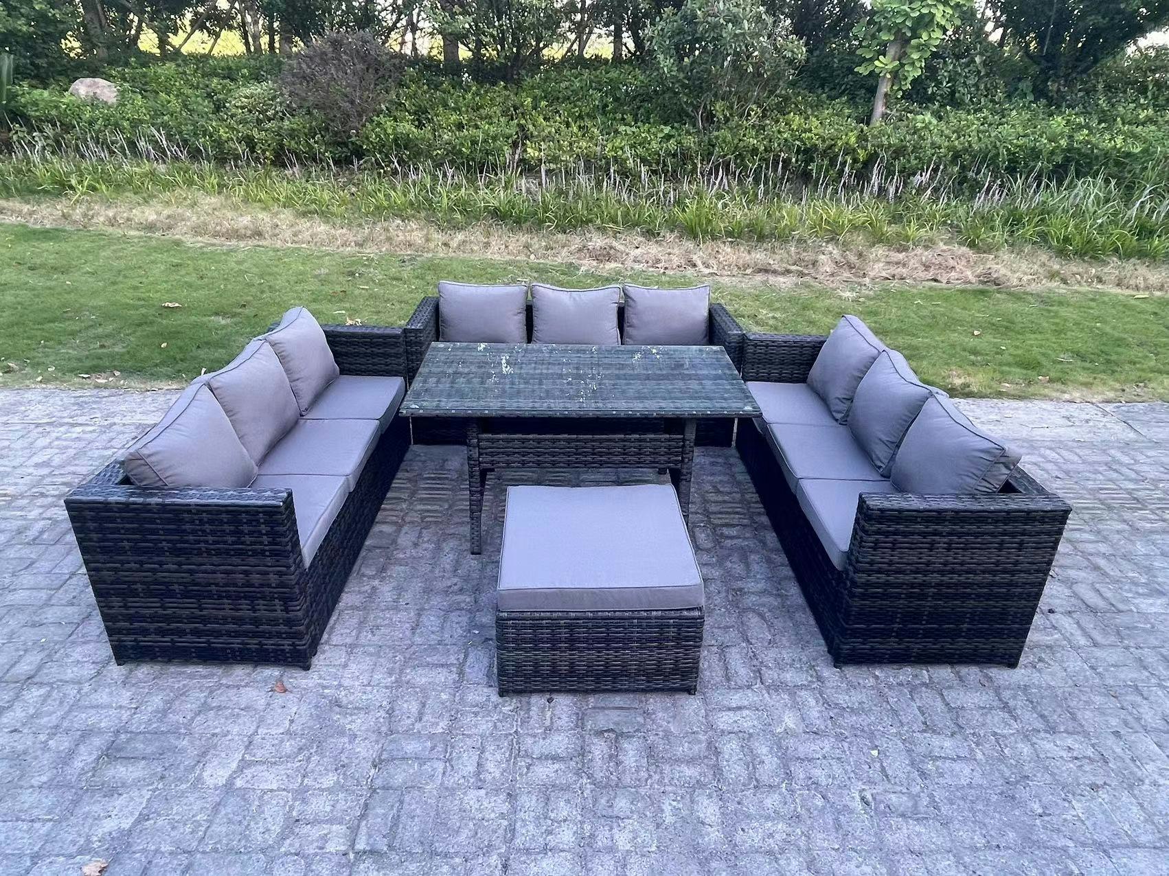 Fimous Dark/Grey Outdoor Wicker Garden Furniture Rattan Lounge Sofa Set Patio Rectangular Dining Table With Big Footstool 10 Seater Mixed