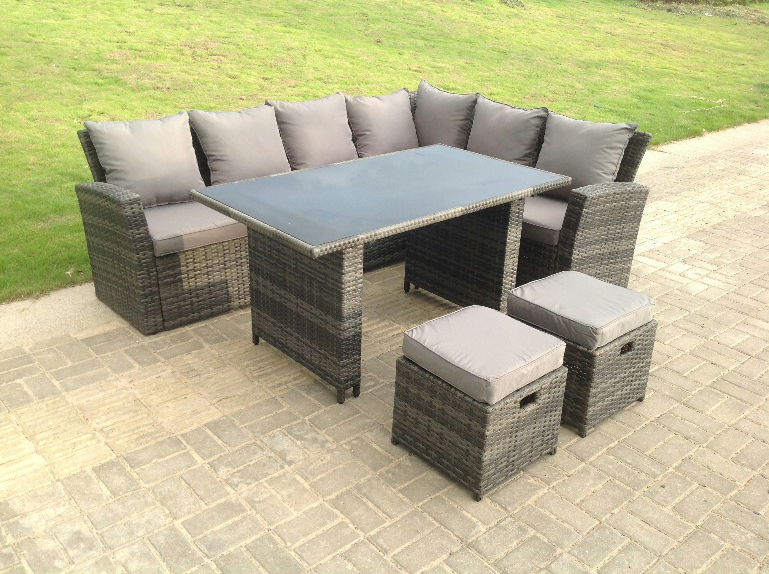 Rackhams Grey High Back Mixed Rattan Corner Sofa Dining Set Table With Stools 8 Seater Right Corner