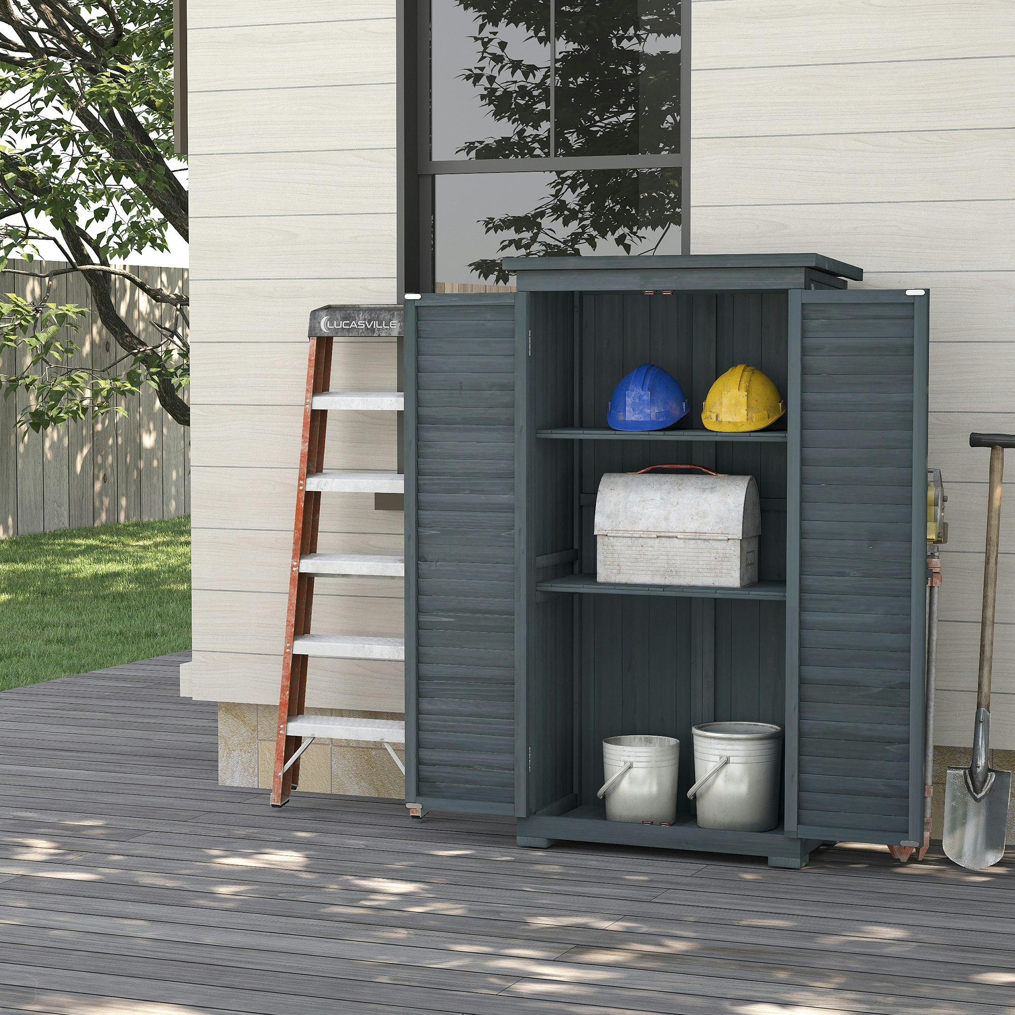 Rackhams Grey Wooden Garden Storage Shed, 3 Shelves Tool Cabinet,