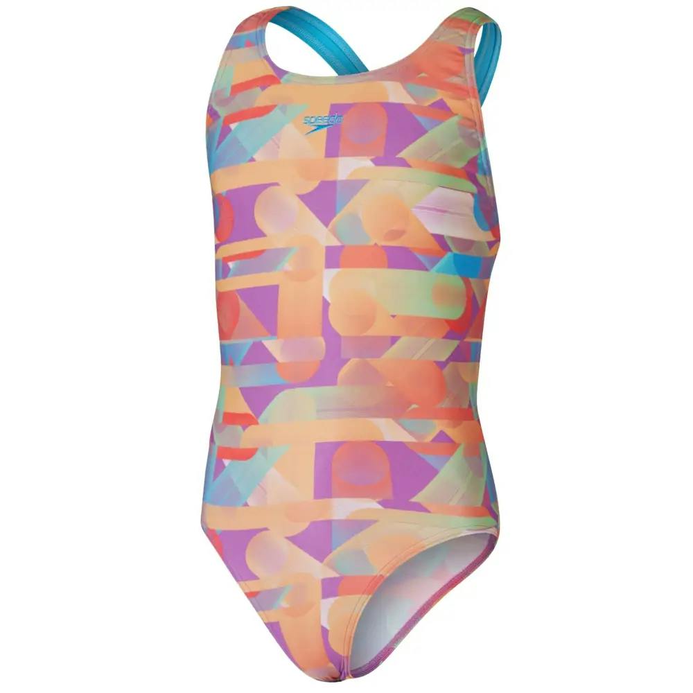 Speedo Girls Red/Orange Digital Allover Leaderback Swimsuit - Age 13-14