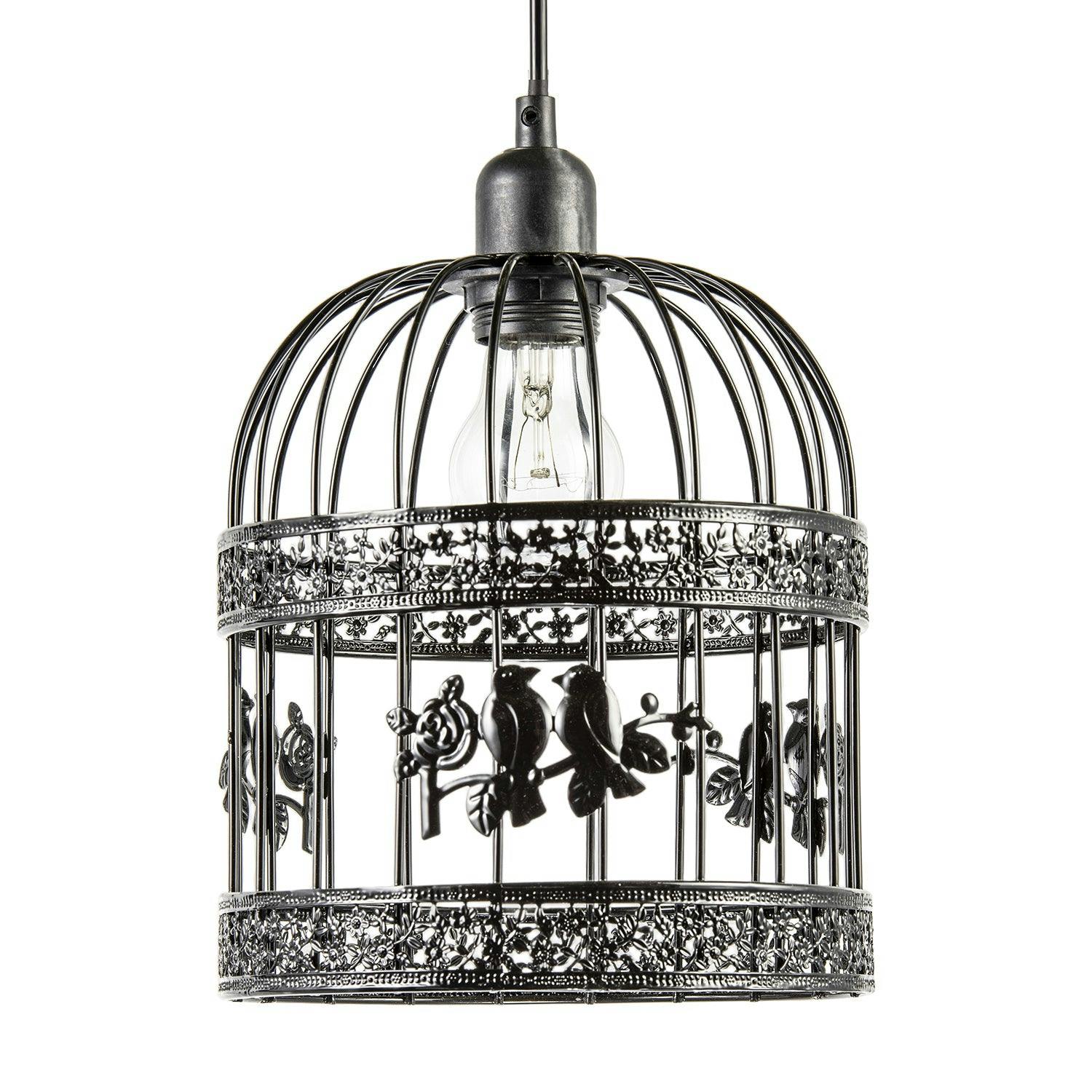 Happy Homewares Black Shabby Chic Shiny Gloss Birdcage Shade With 3D Flowers And Birds