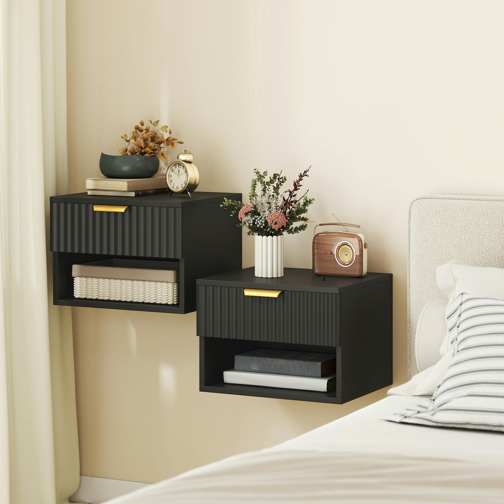 Rackhams Black Floating Nightstands Set Of 2, Wall Mounted Bedside Tables,