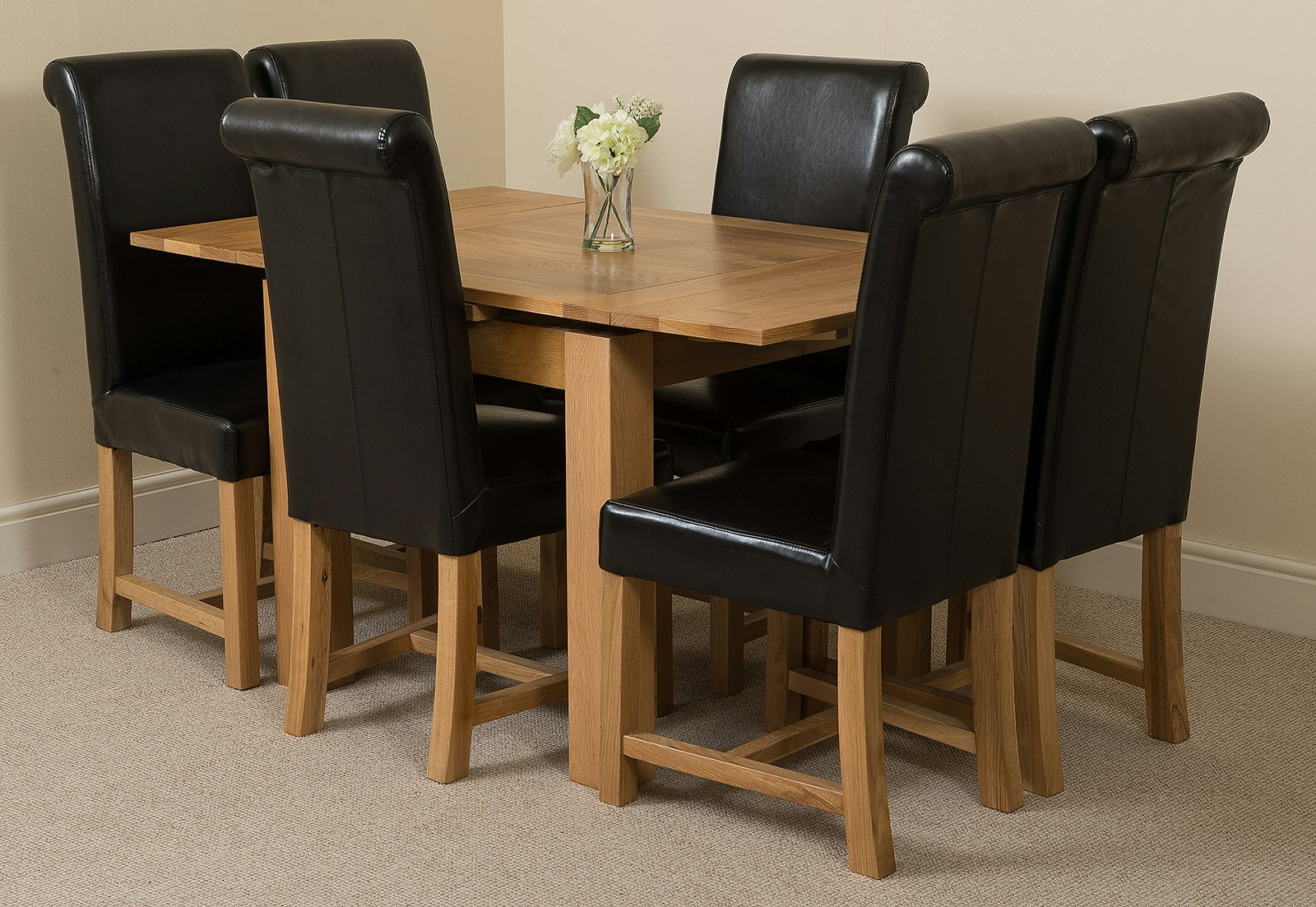 Rackhams Black Richmond Extending Oak Dining Set With Washington Leather Chairs - 6 Chairs Small