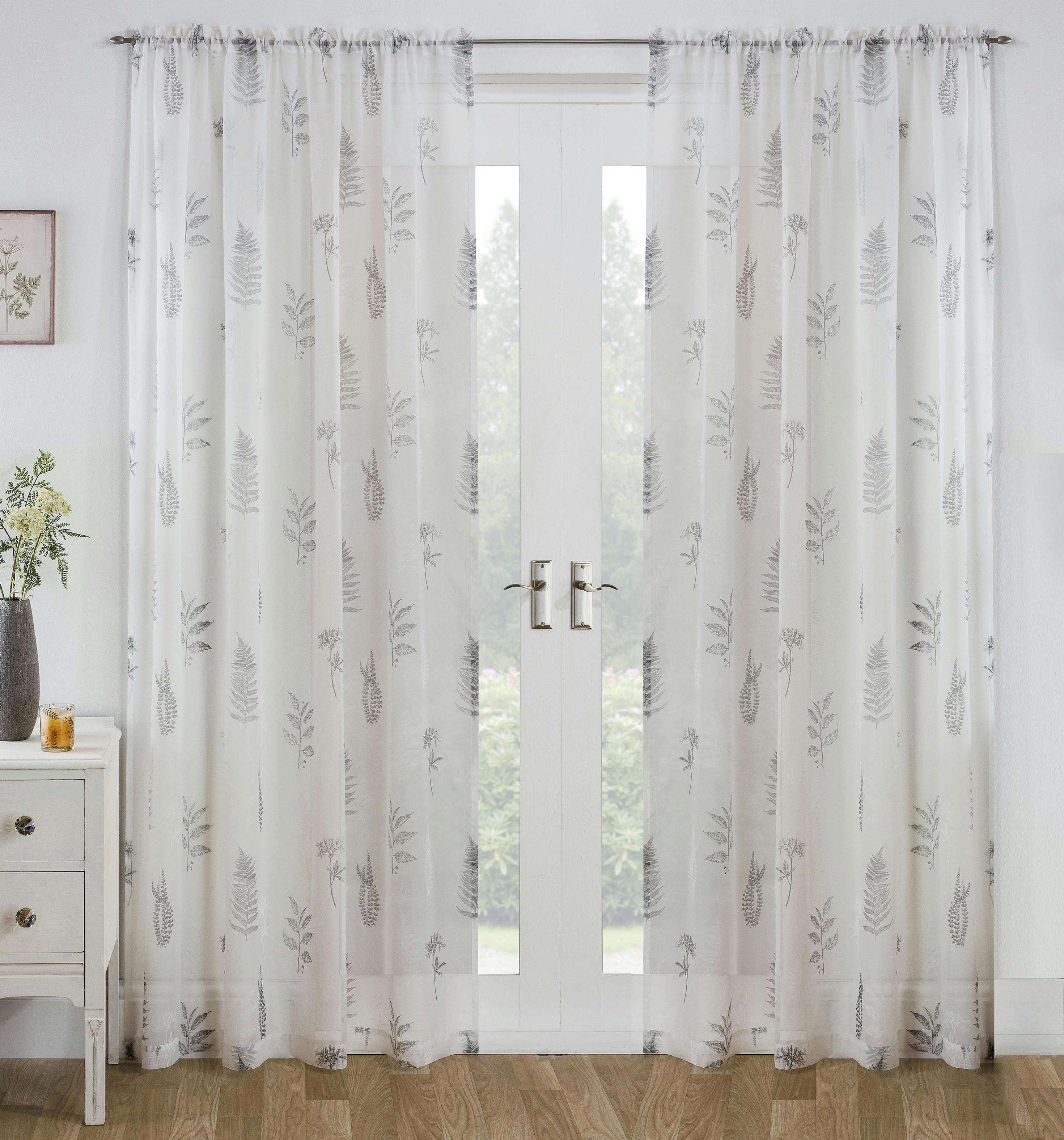 Rackhams Grey Bracken Floral Leaf Voile Panel With Rod Pocket Header For Living Room & Bedrooms - 55" (140Cm) Width X 48" (122Cm) Drop