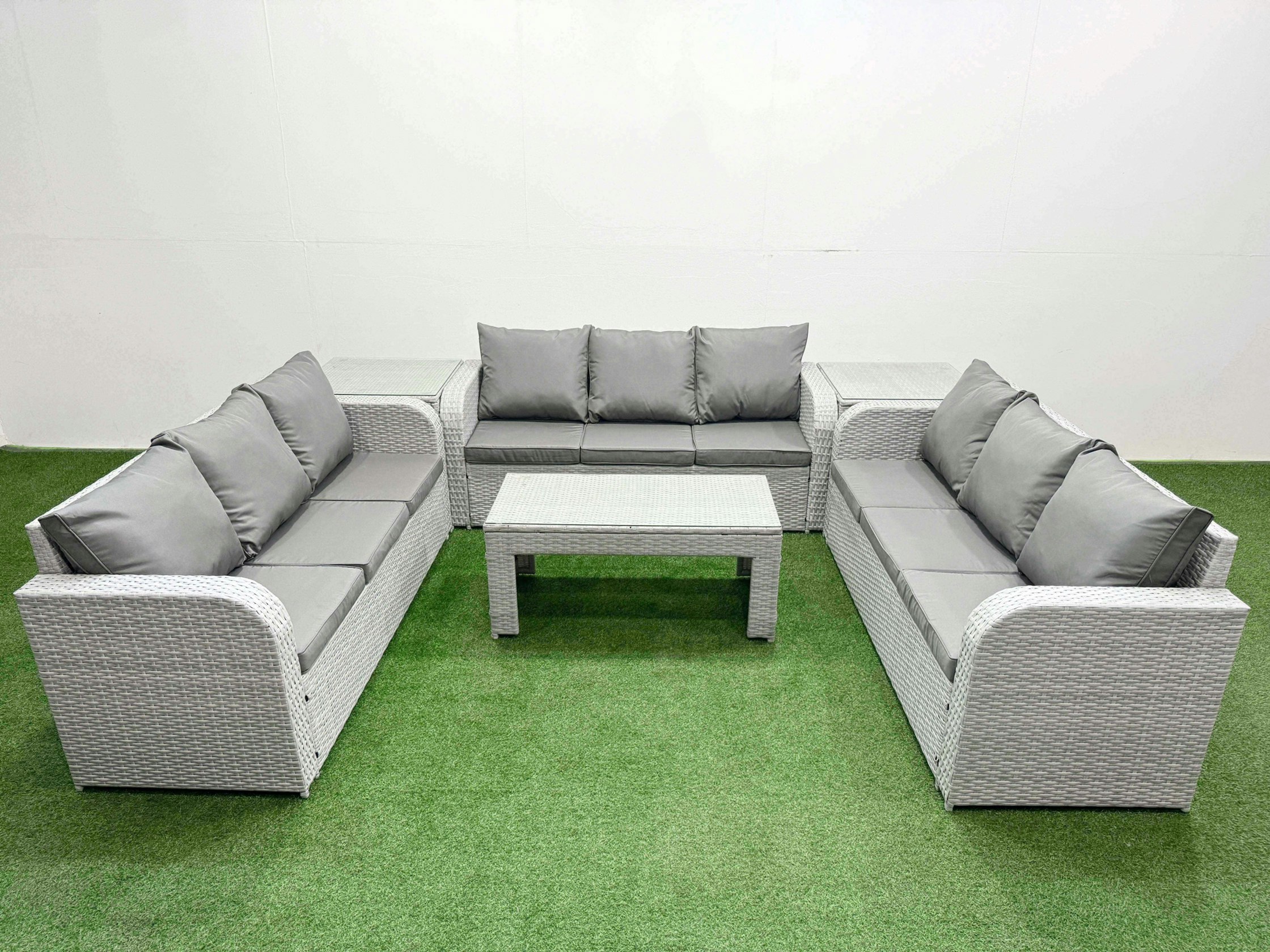 Fimous Light/Grey Pe Rattan Lounge Sofa Set 9 Seater Outdoor Garden Furniture Set With Oblong Coffee Table 3 Seater Sofa 2 Side Table