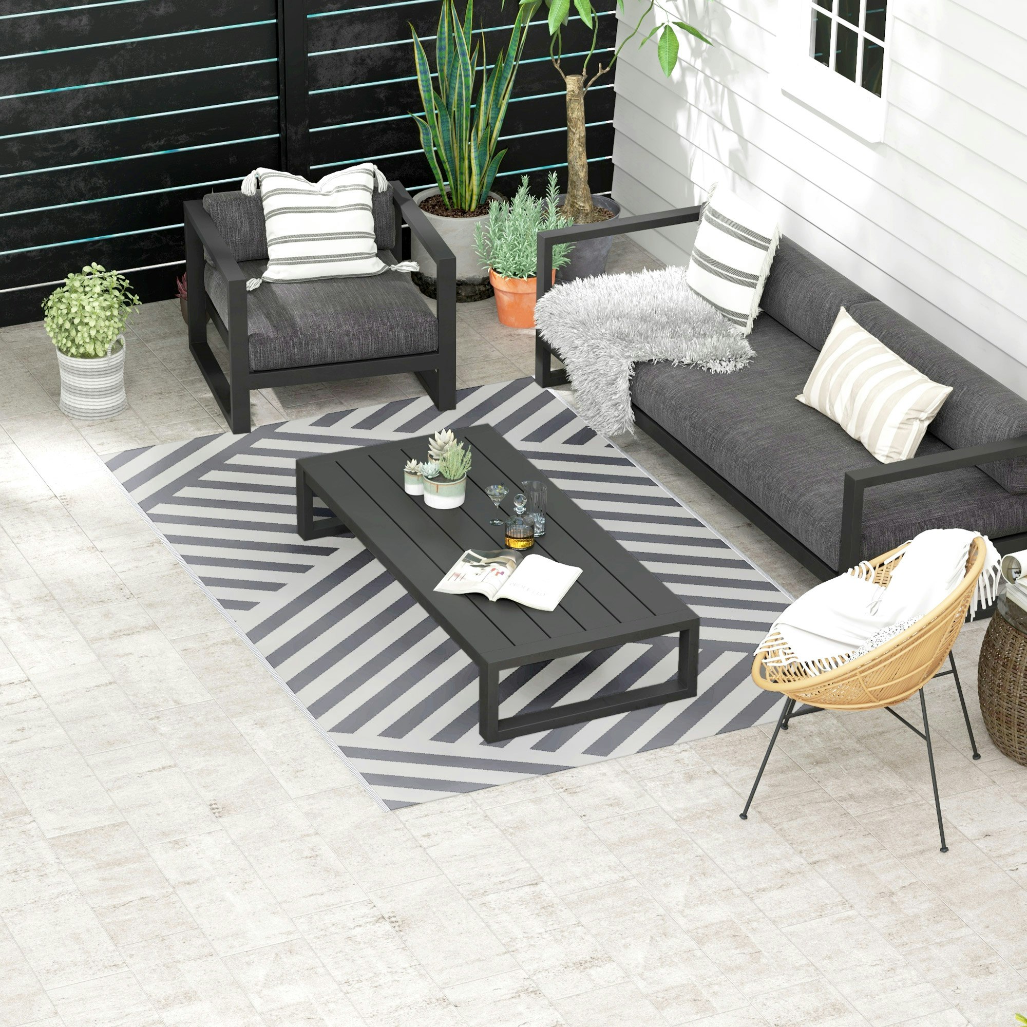 Rackhams Grey Reversible Waterproof Outdoor Rug W/ Carry Bag, 182 X 274Cm,