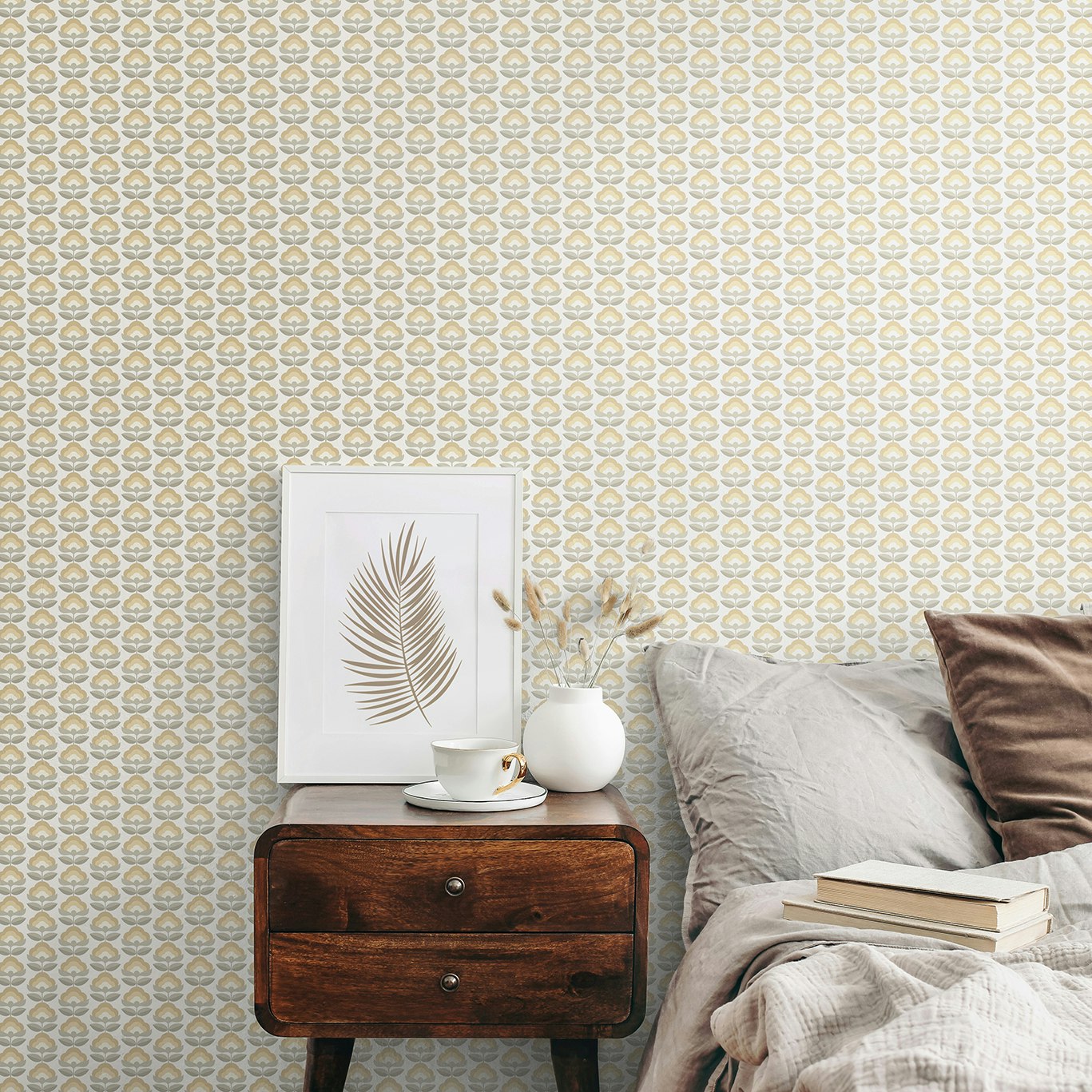 Rackhams Retro Flower - Stone & Dove 10M Wallpaper
